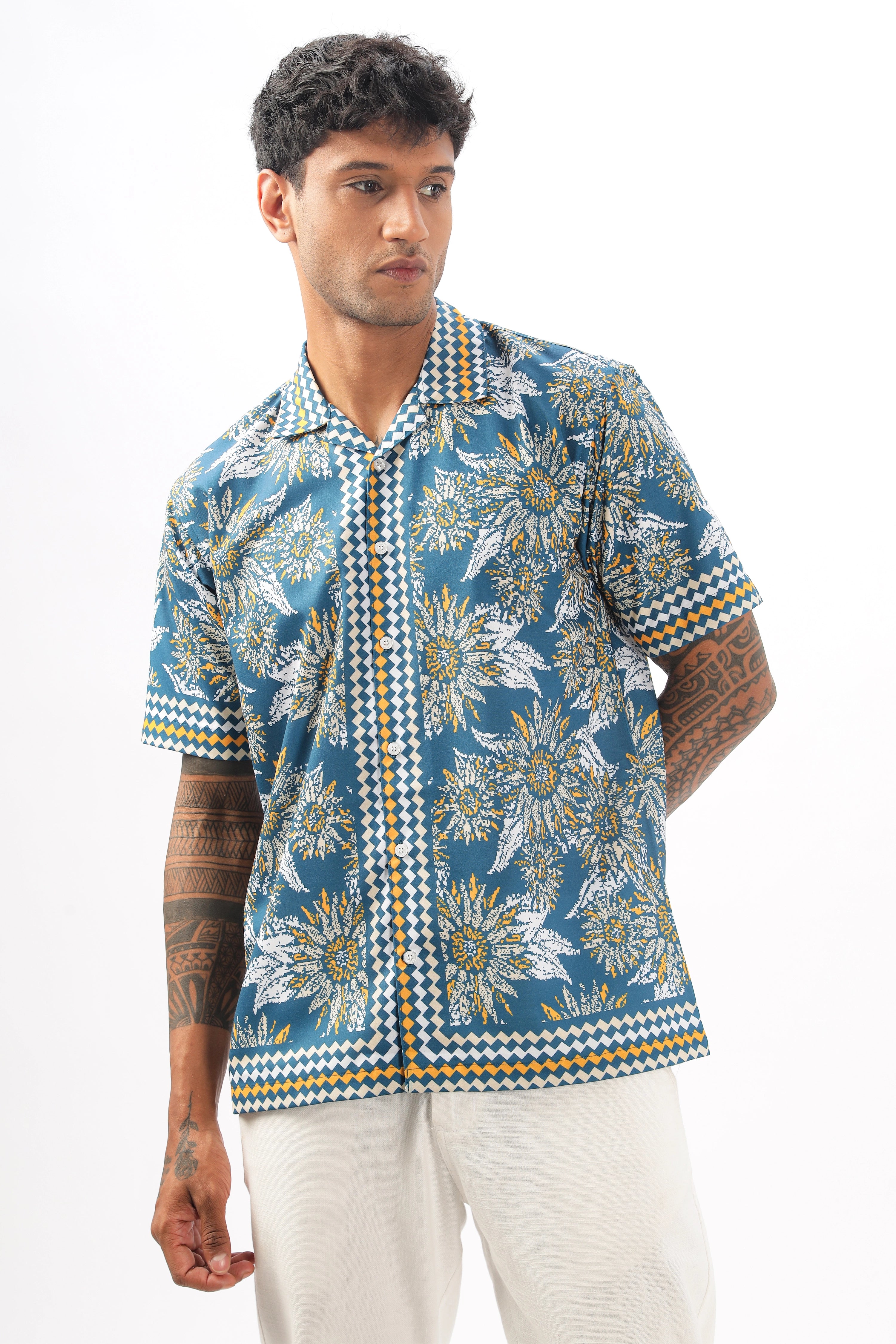 Blue sunflower printed camp collar  shirt