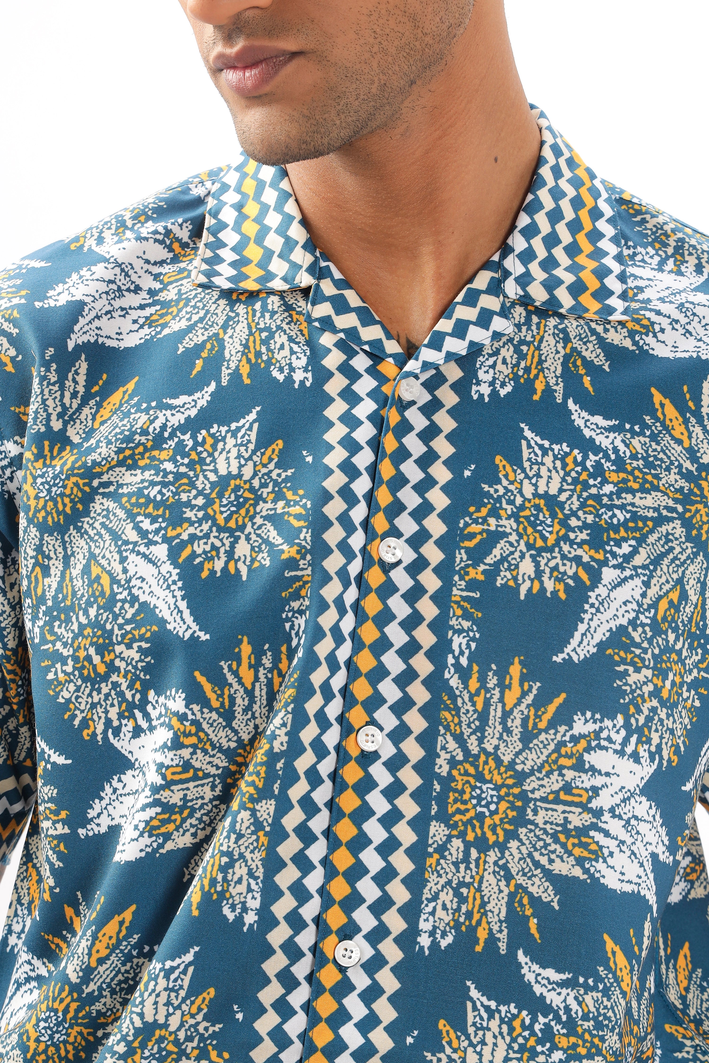 Blue sunflower printed camp collar  shirt