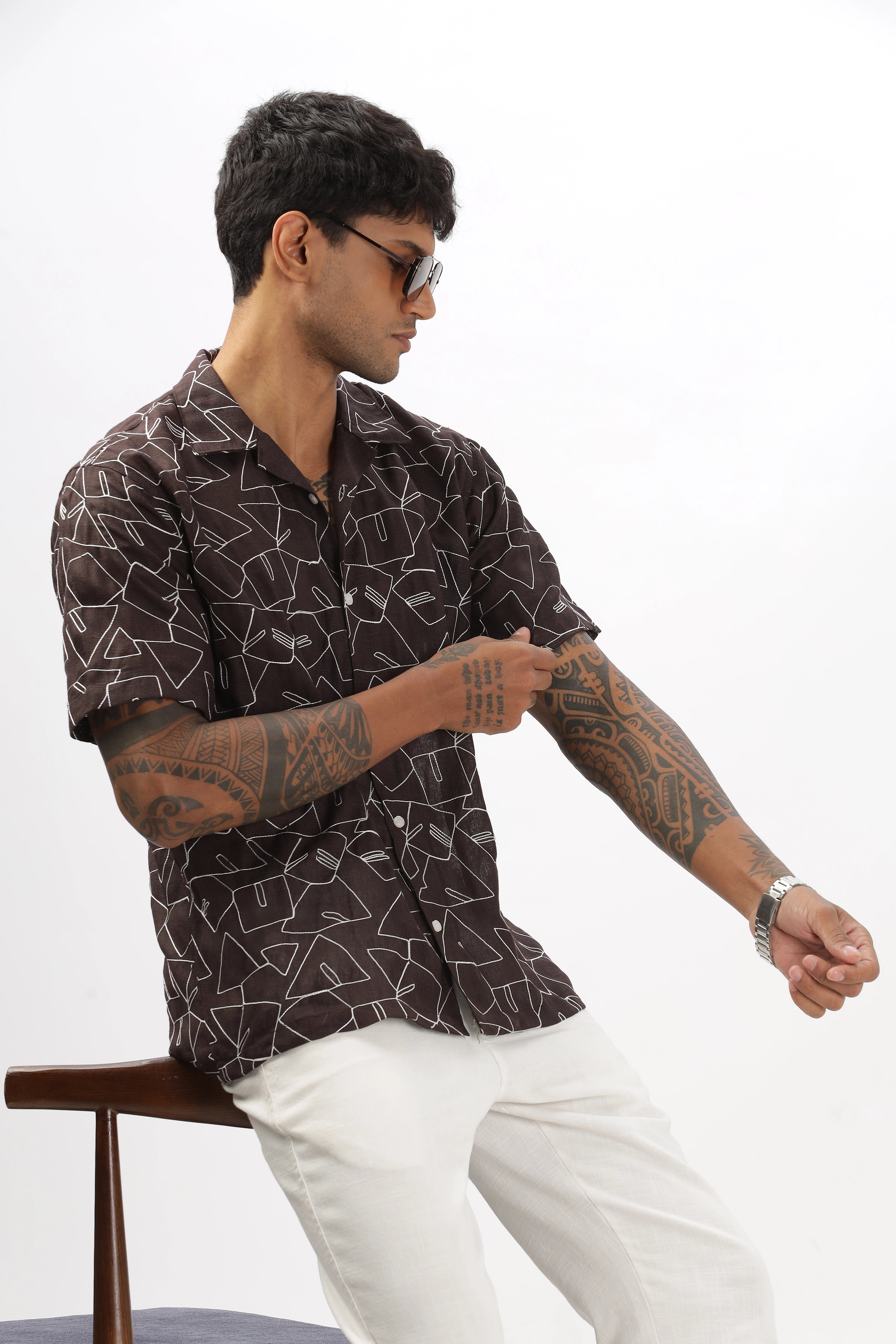 Brown abstract linen embroidered half sleeve shirt