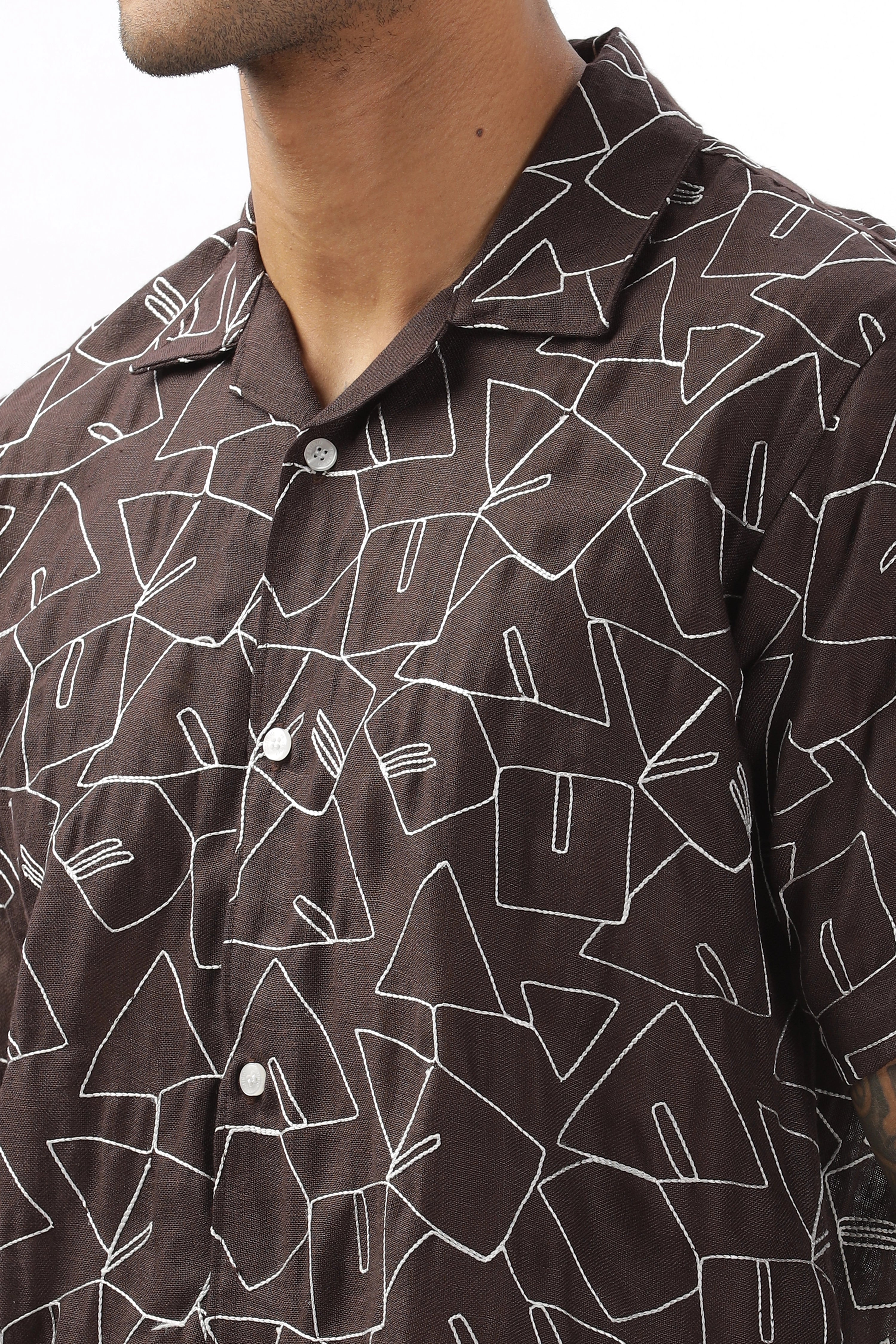 Brown abstract linen embroidered half sleeve shirt