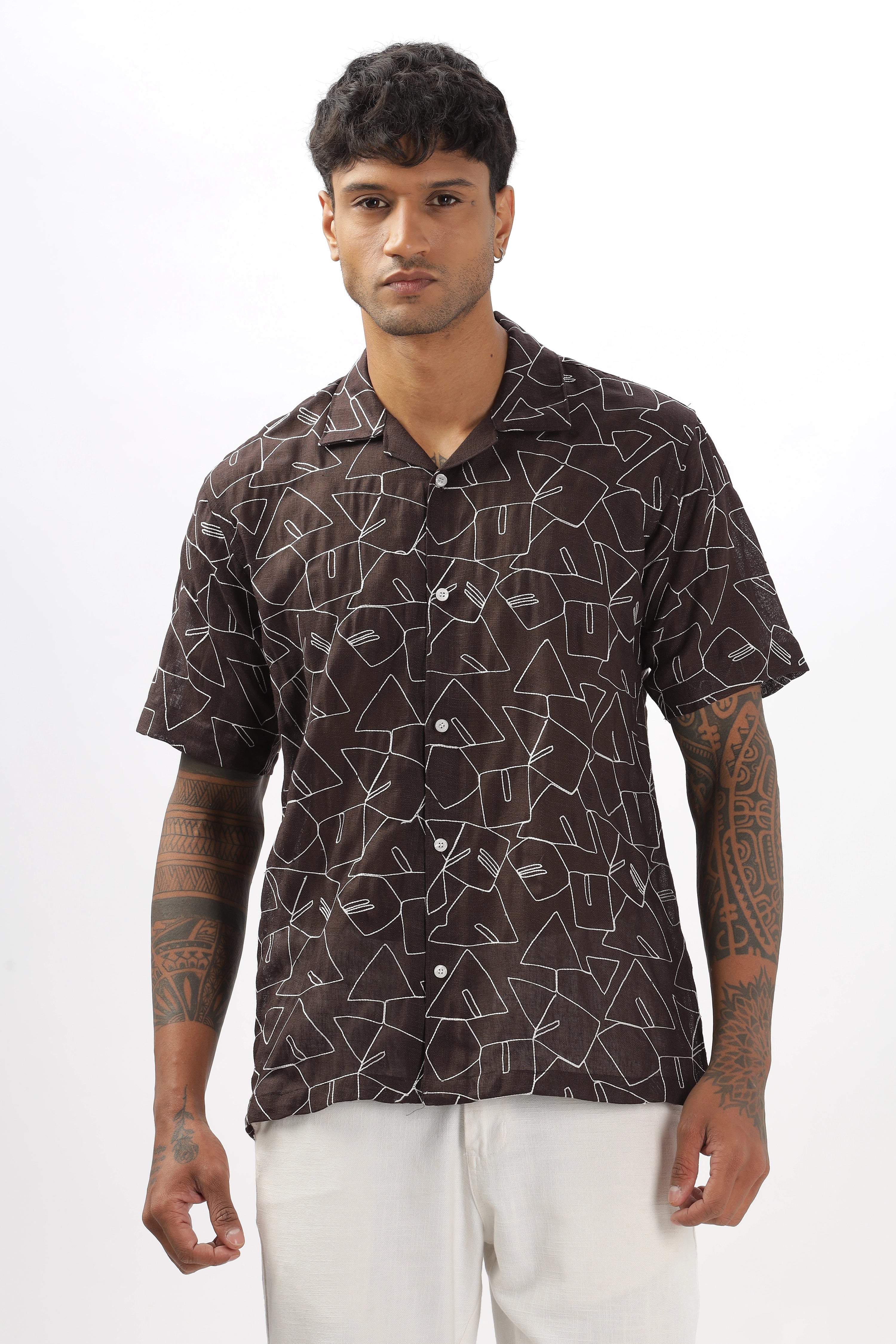 Brown abstract linen embroidered half sleeve shirt