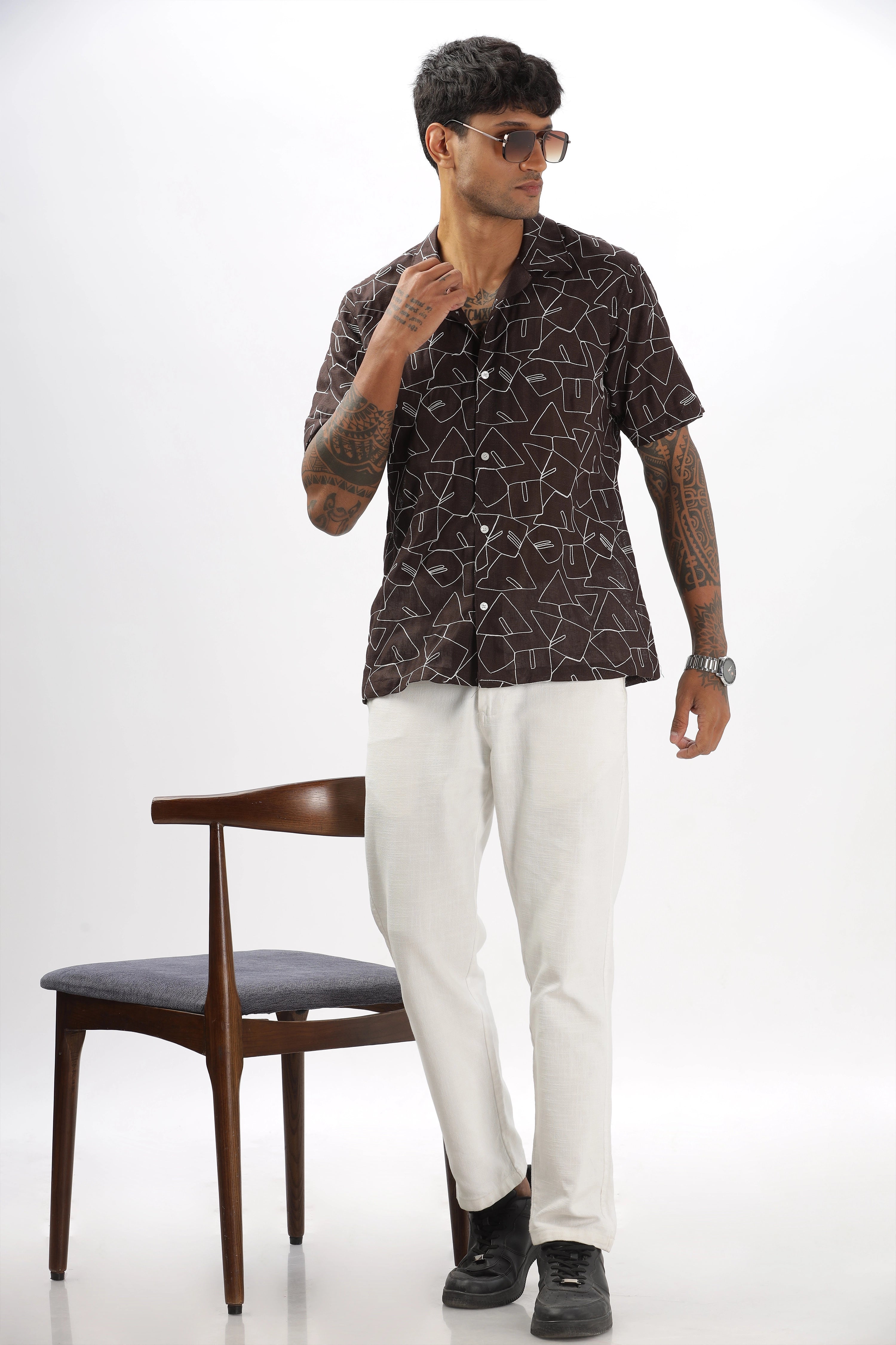 Brown abstract linen embroidered half sleeve shirt