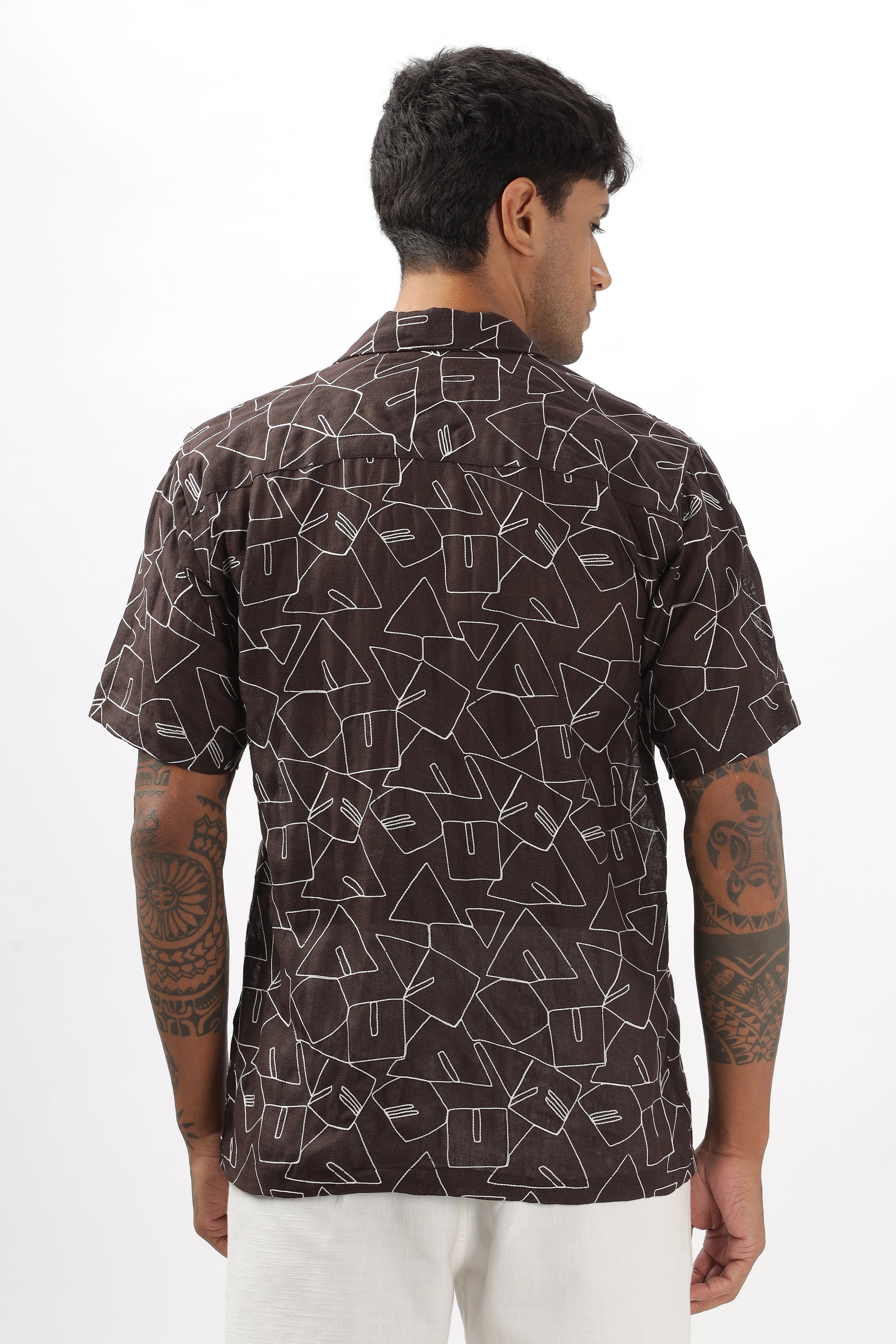 Brown abstract linen embroidered half sleeve shirt