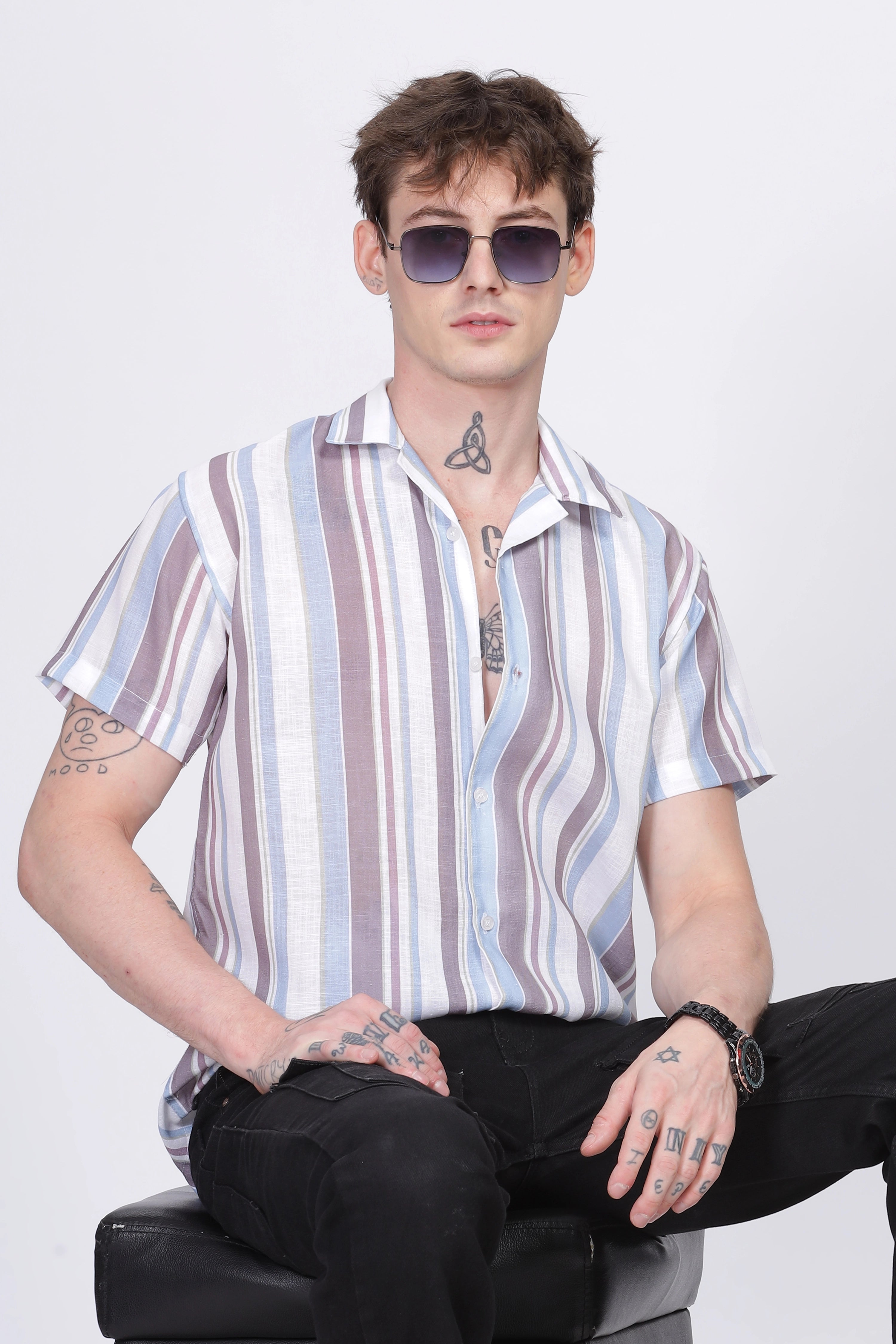 Brown and White stripe printed linen shirt for men