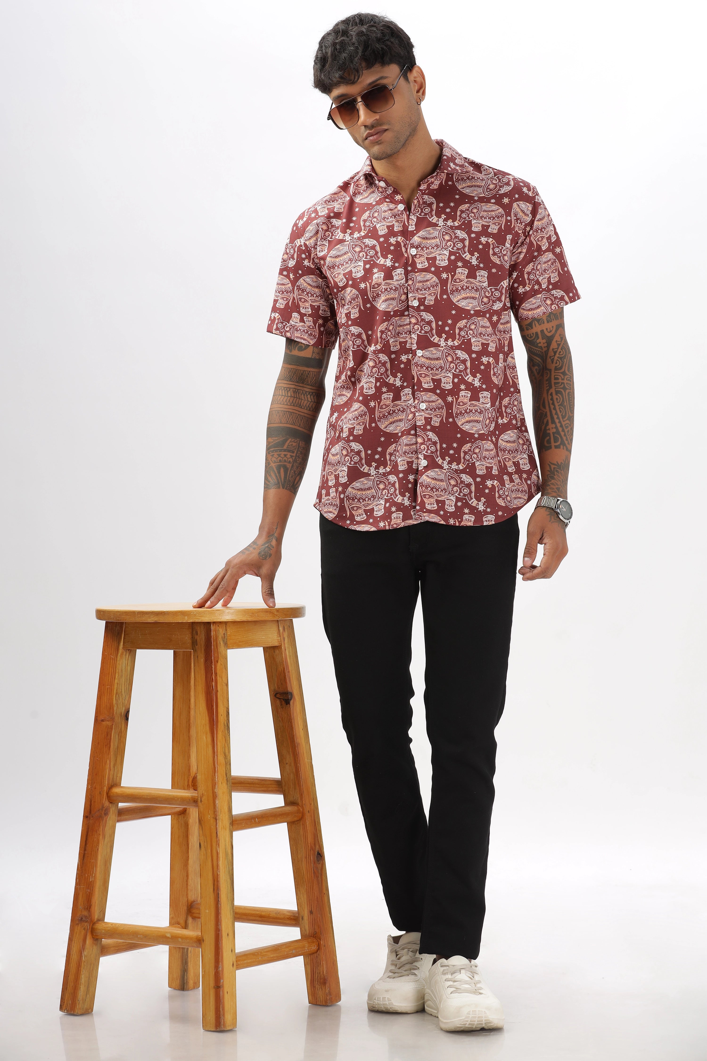 Brown ethnic elephant printed shirt