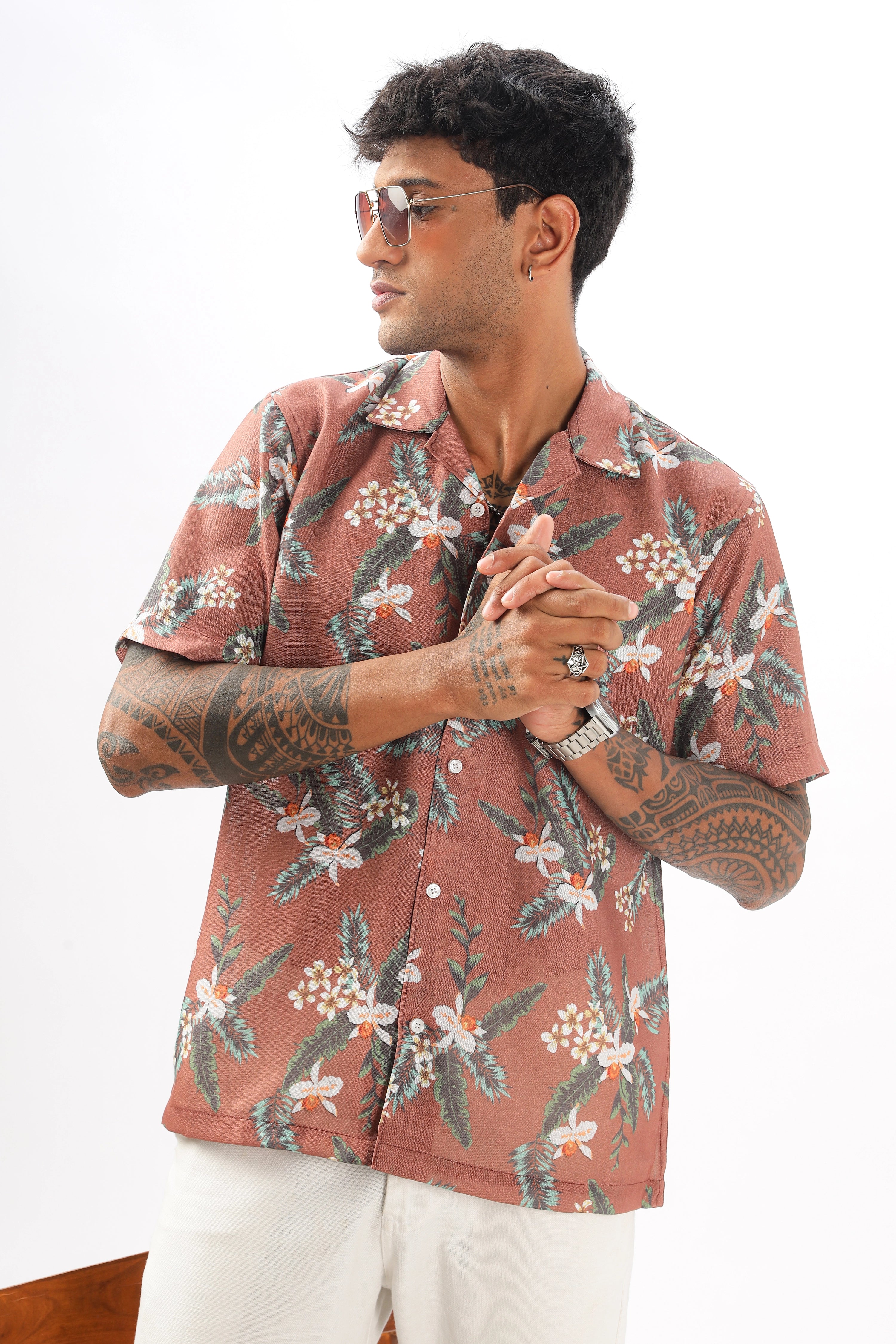 Brown floral printed linen shirt