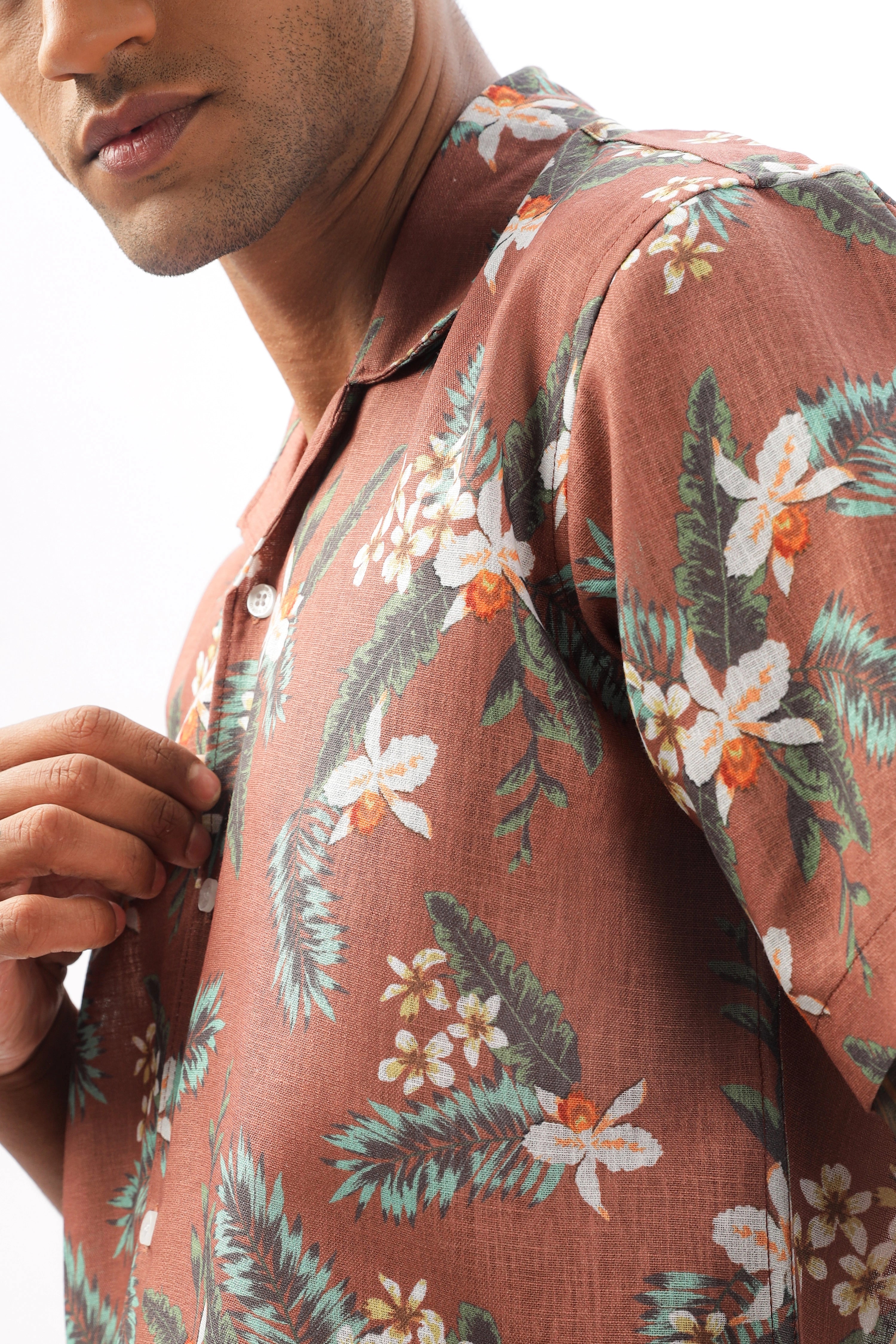 Brown floral printed linen shirt