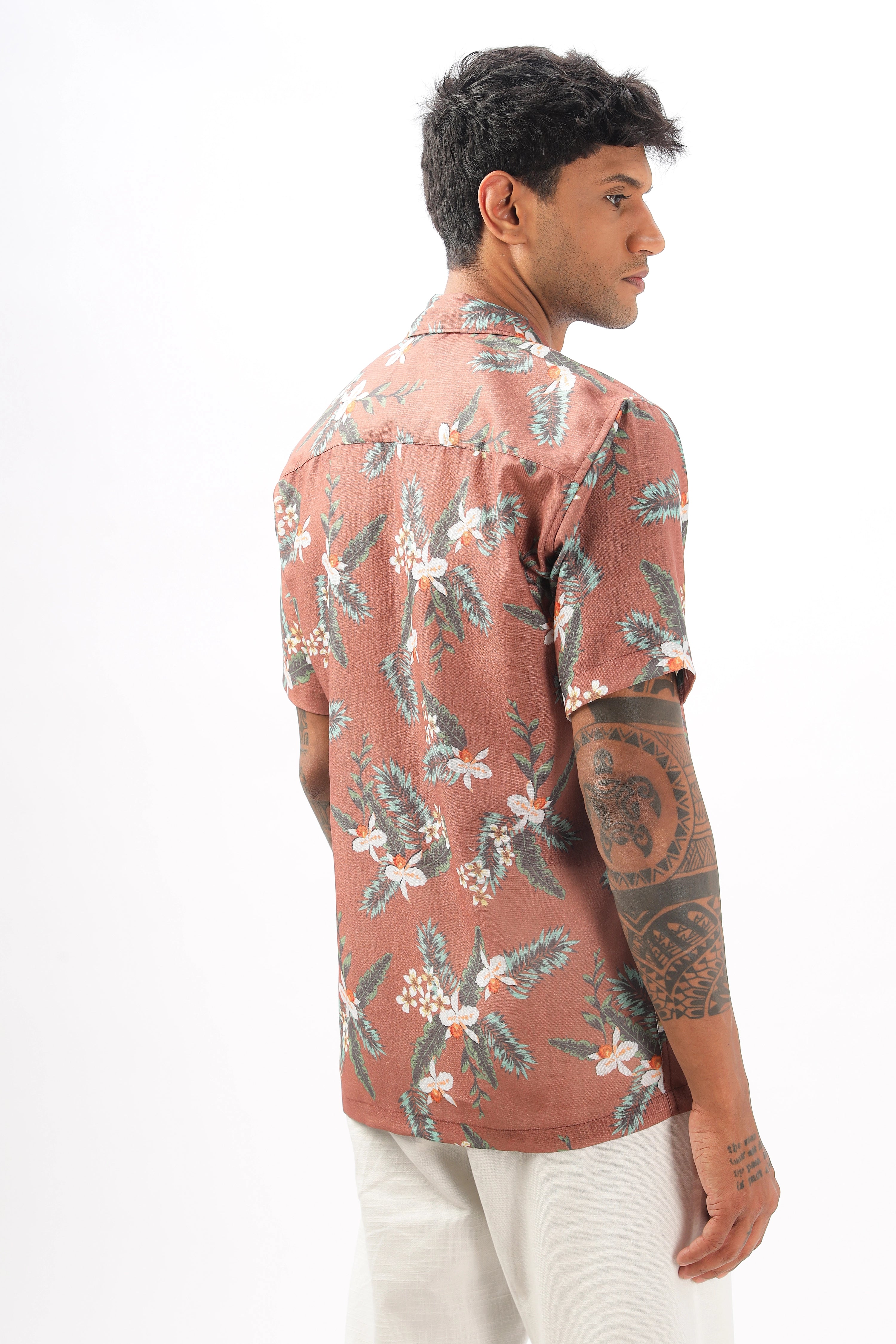 Brown floral printed linen shirt