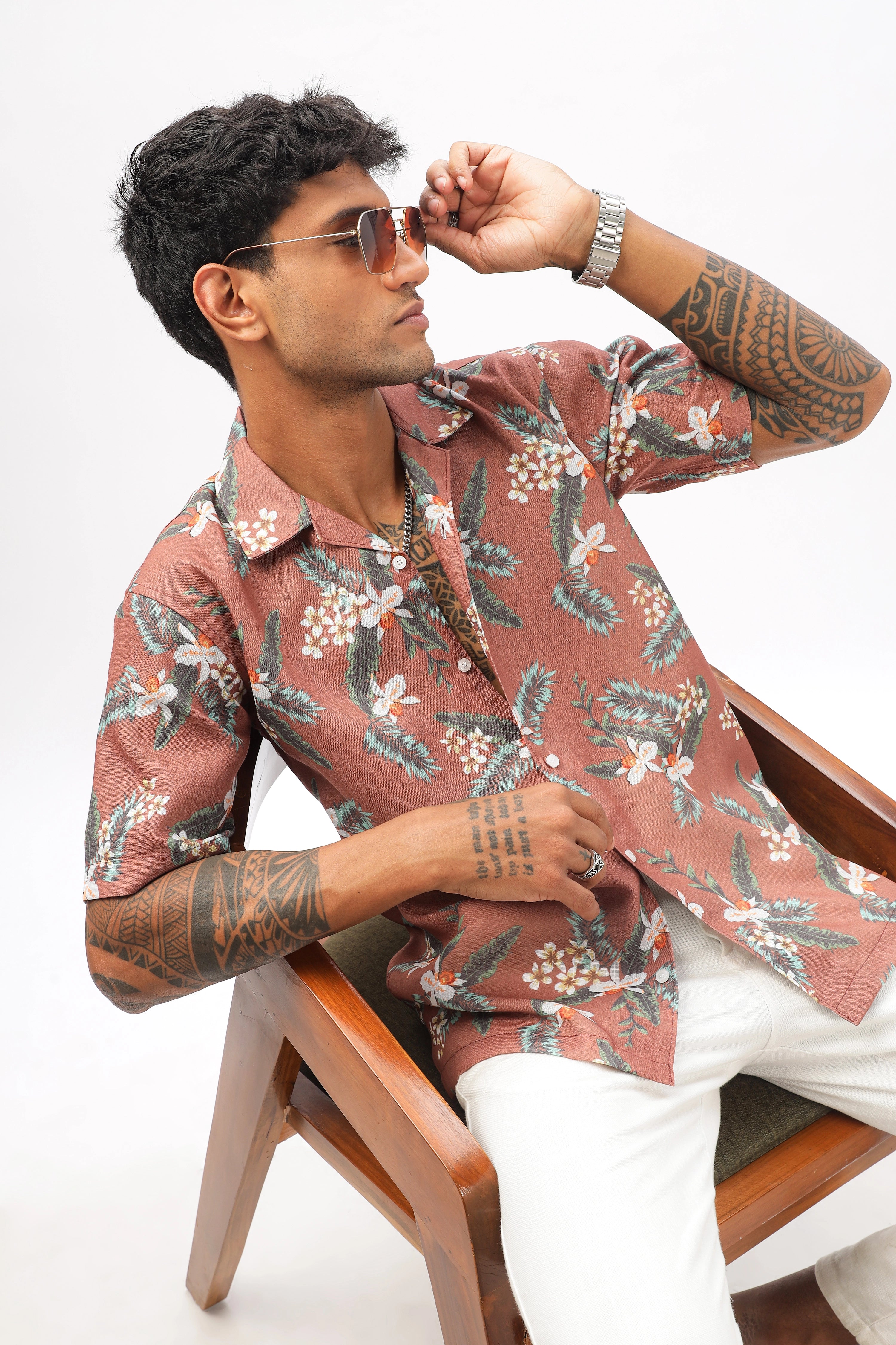 Brown floral printed linen shirt