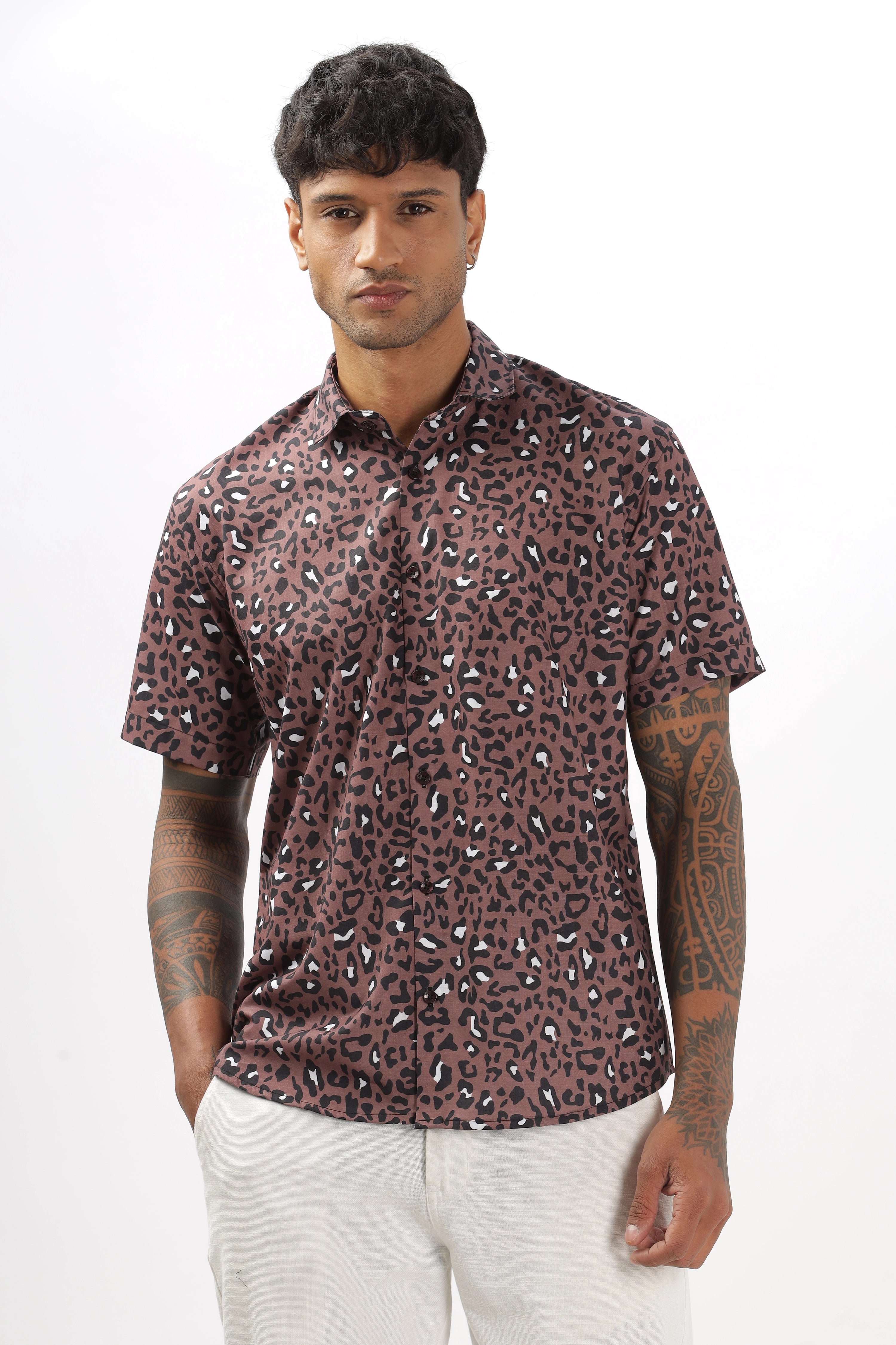 Brown leopard printed half sleeve shirt