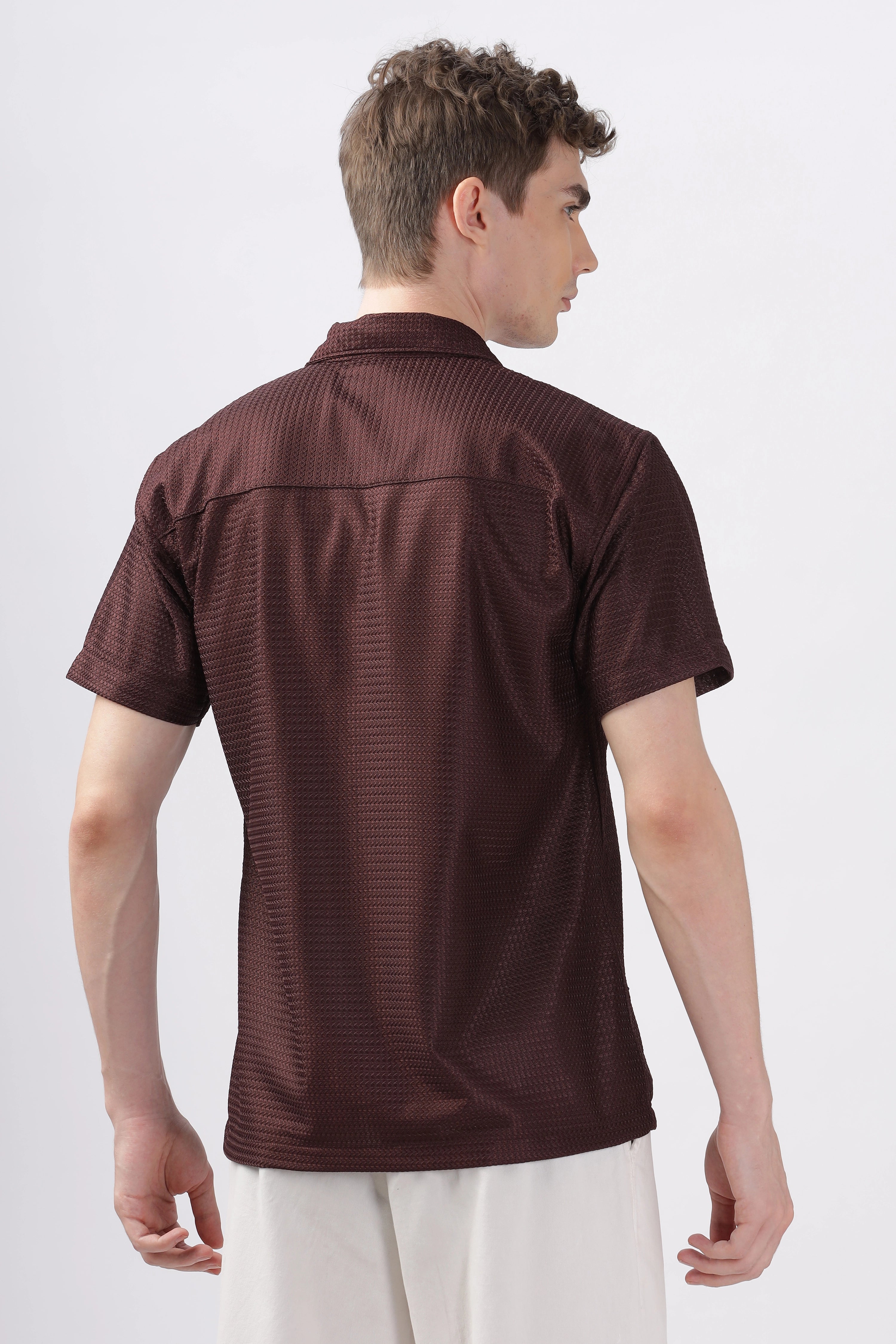 Brown textured turkish weave half sleeve shirt