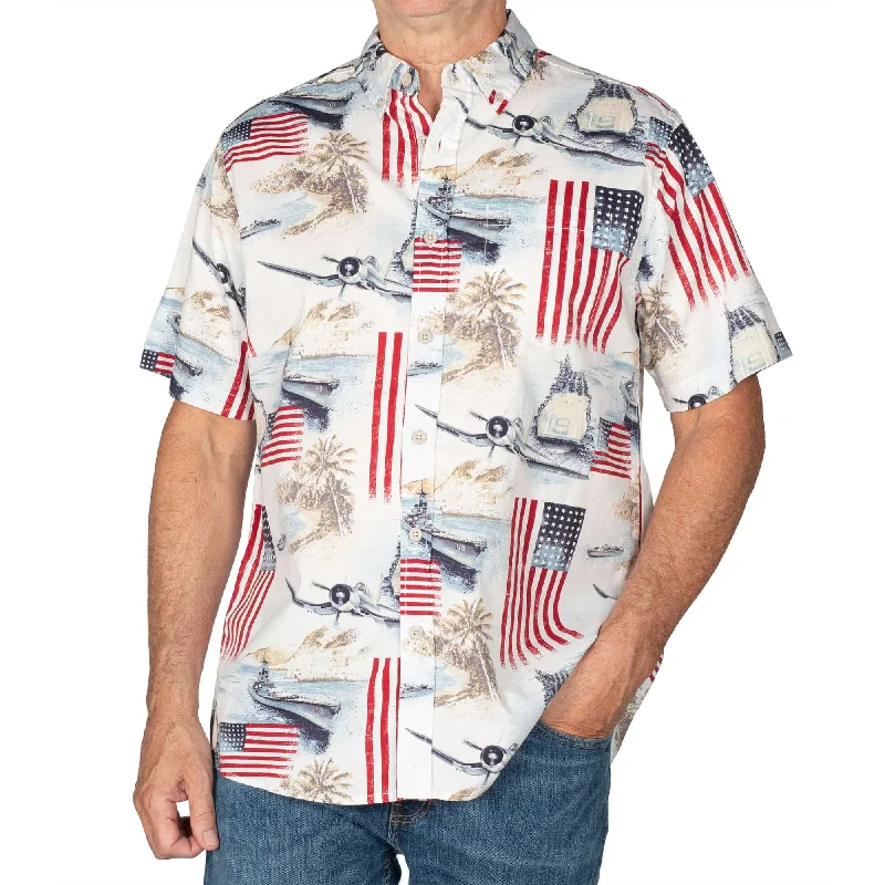 Men's Battleship American Flag 100% Cotton Button-Down Short Sleeve Shirt