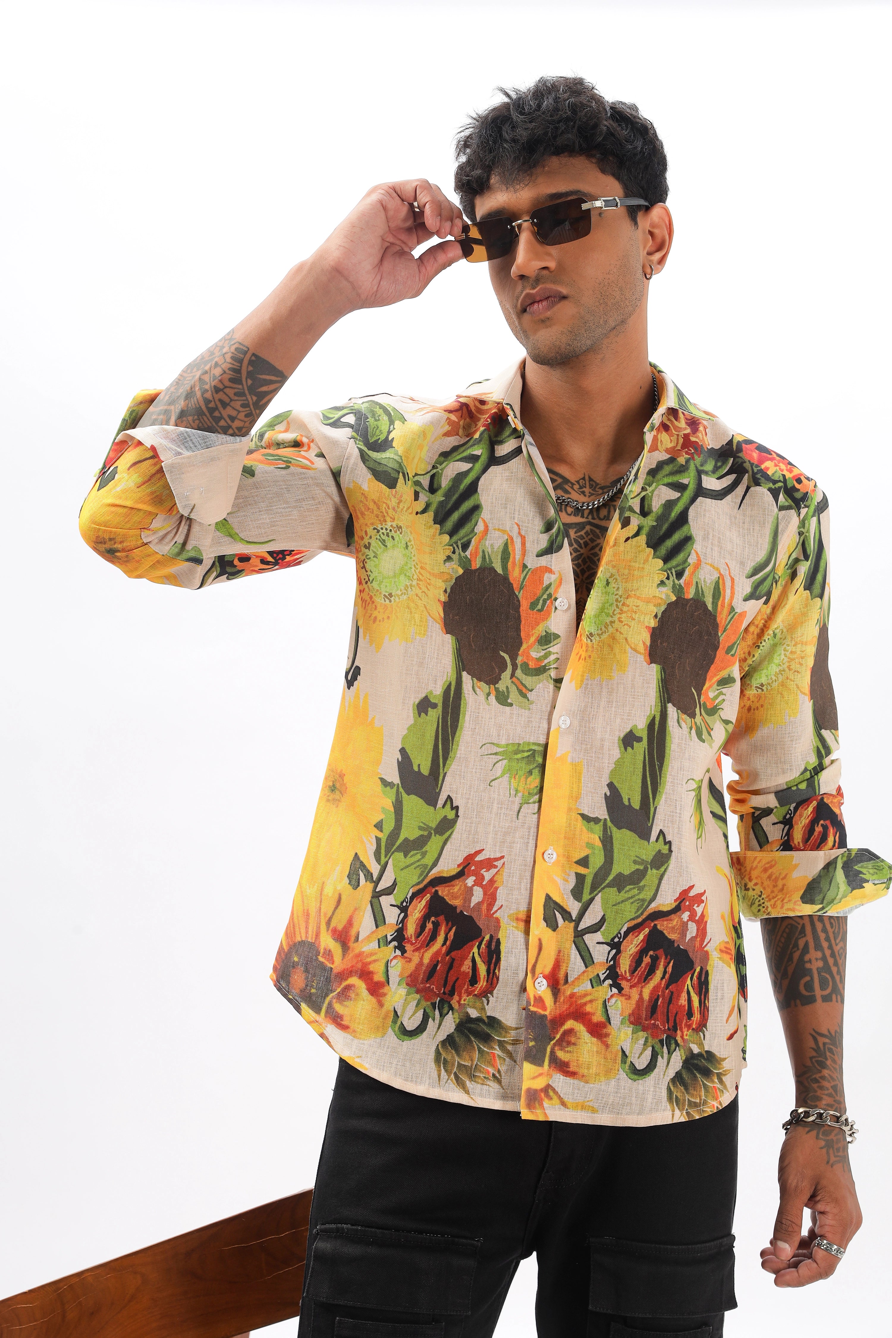 Cream floral printed full sleeve linen shirt