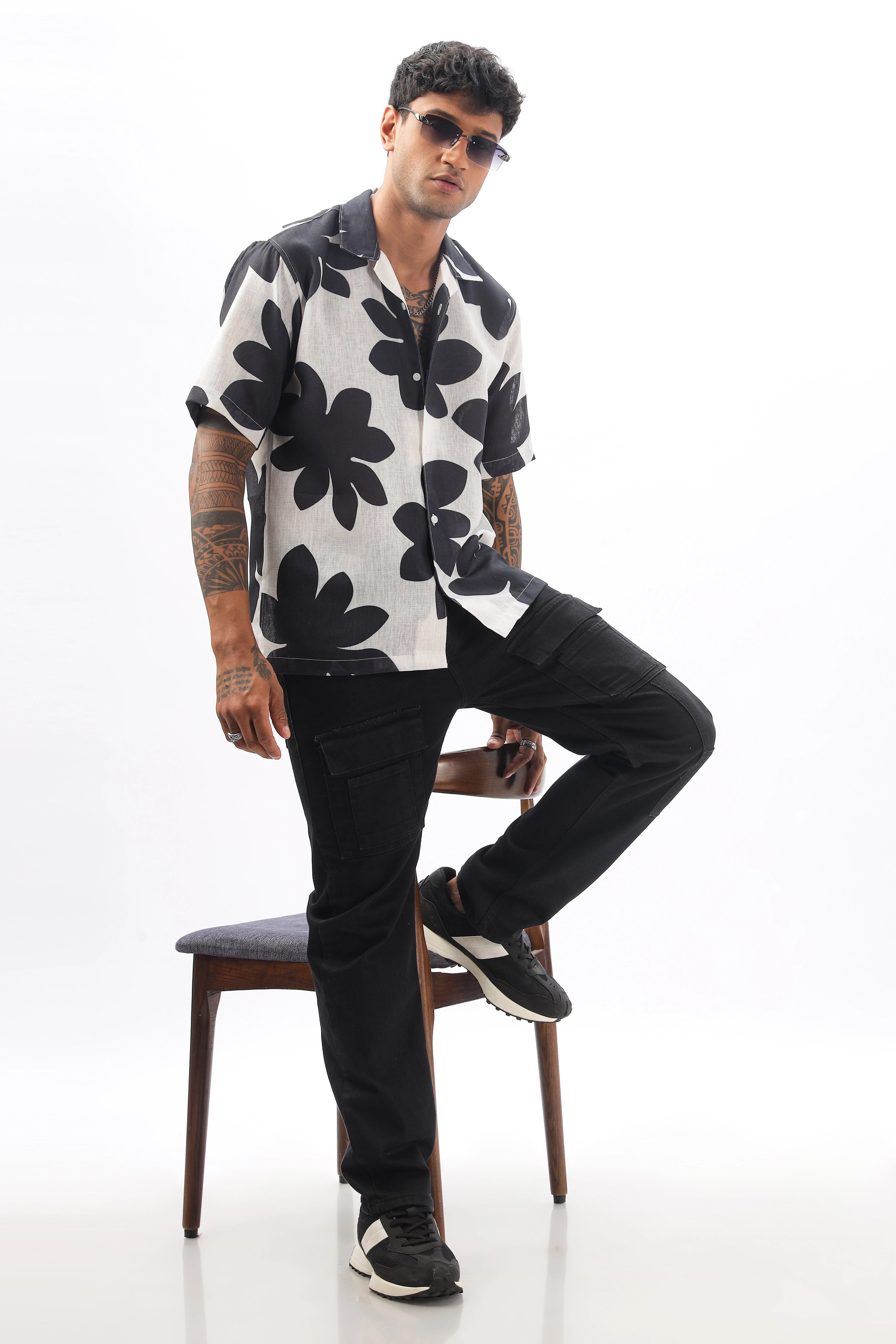 Cream floral printed linen shirt