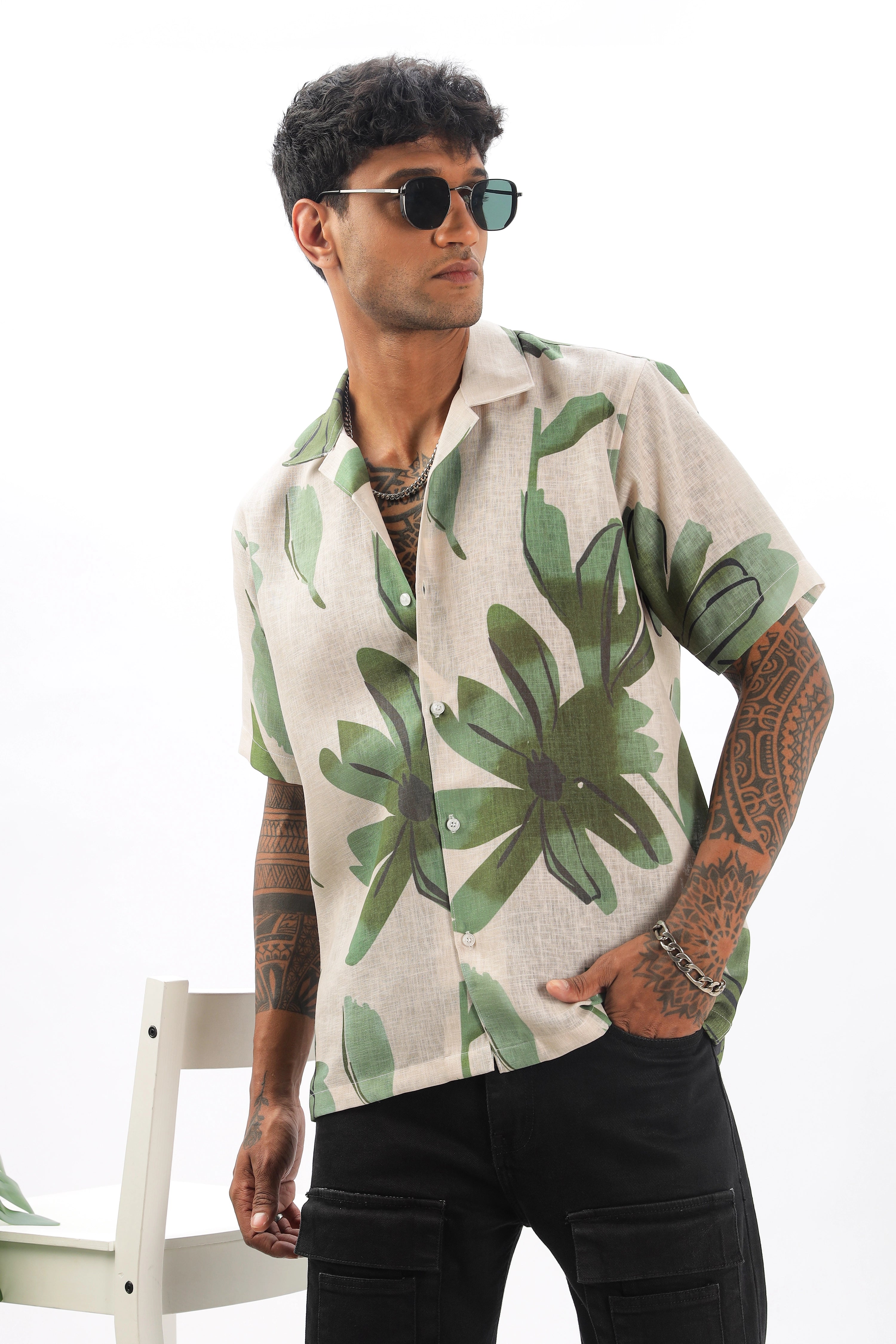 Cream flowing tropical printed  linen shirt