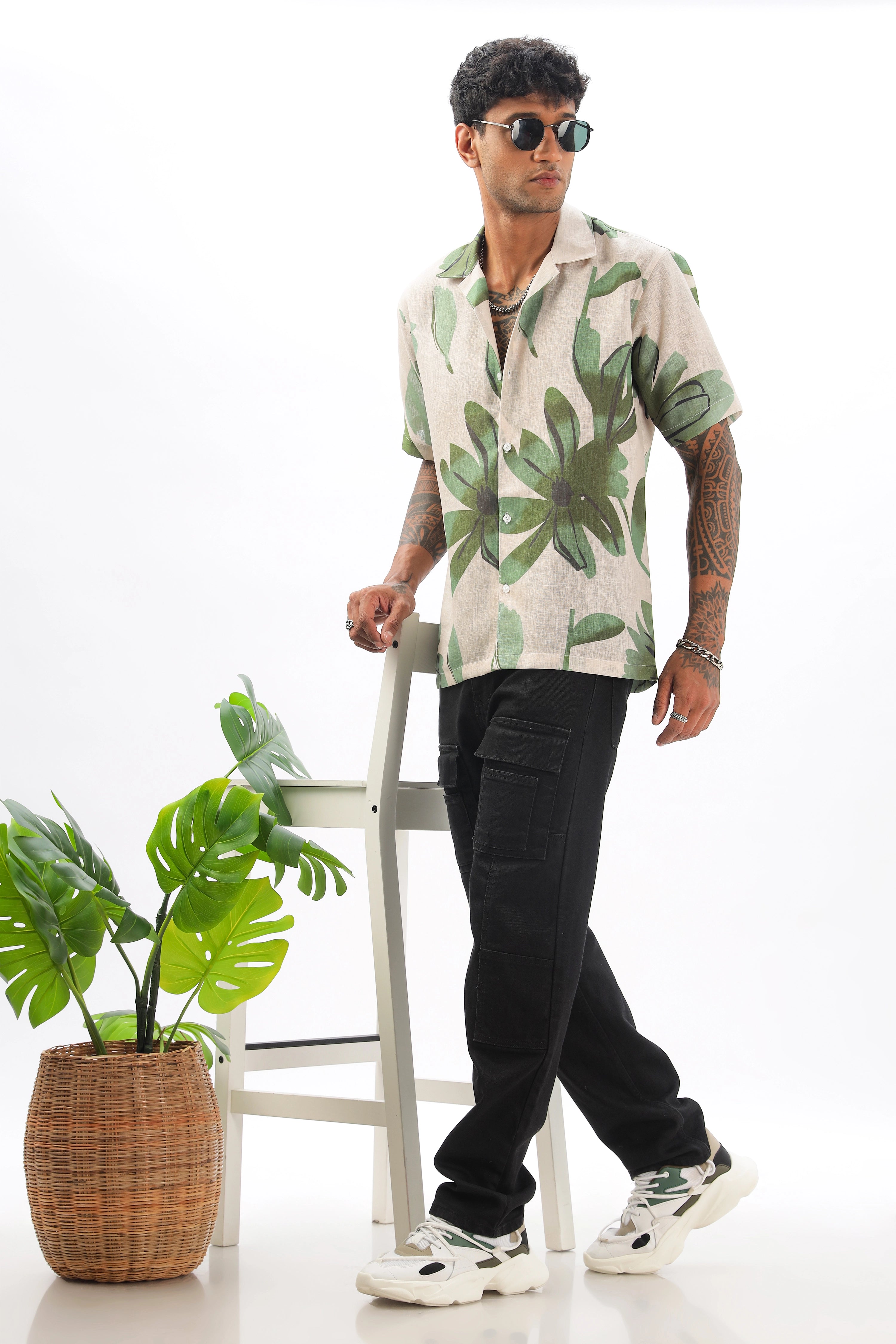 Cream flowing tropical printed  linen shirt