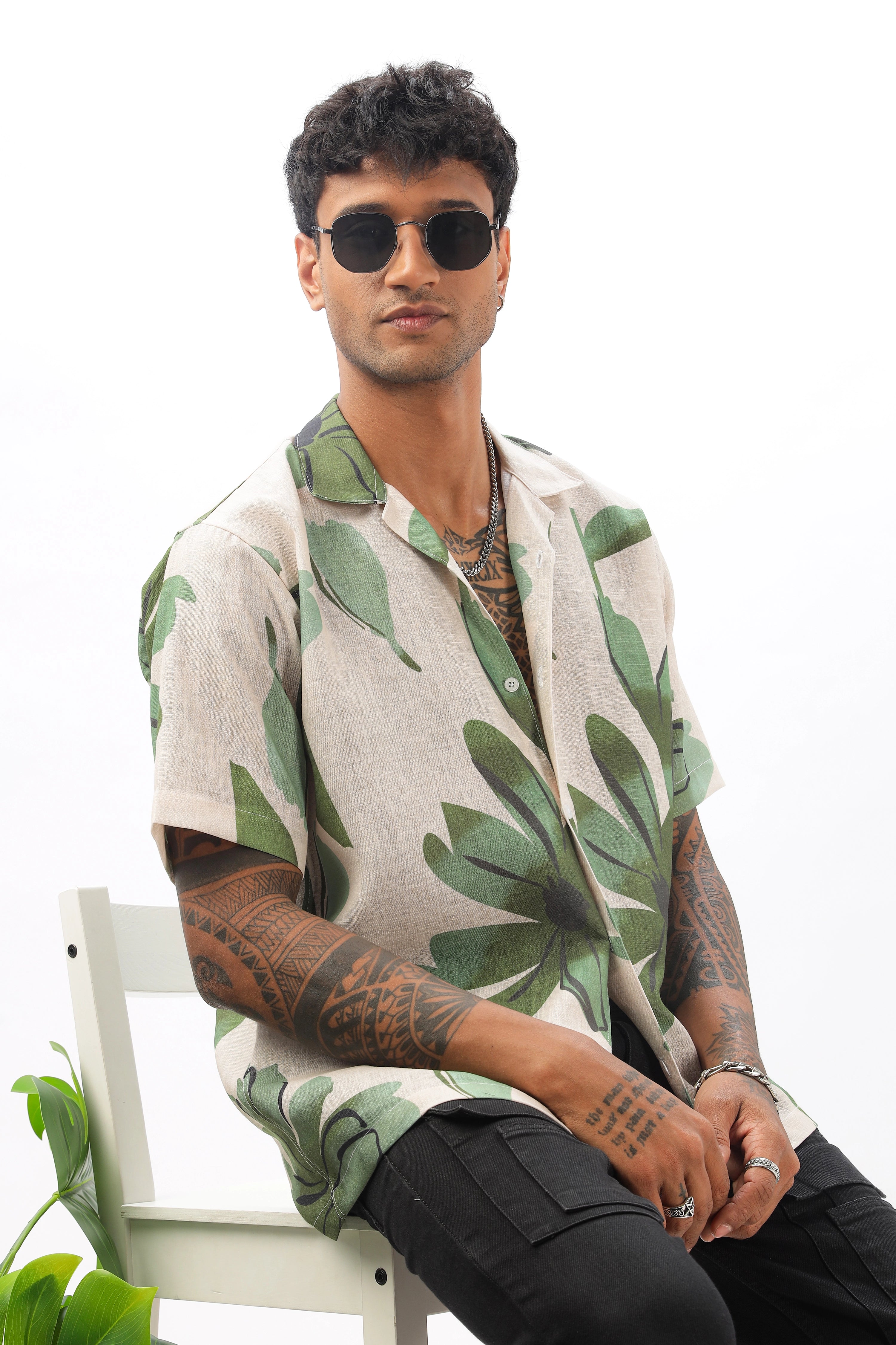 Cream flowing tropical printed  linen shirt