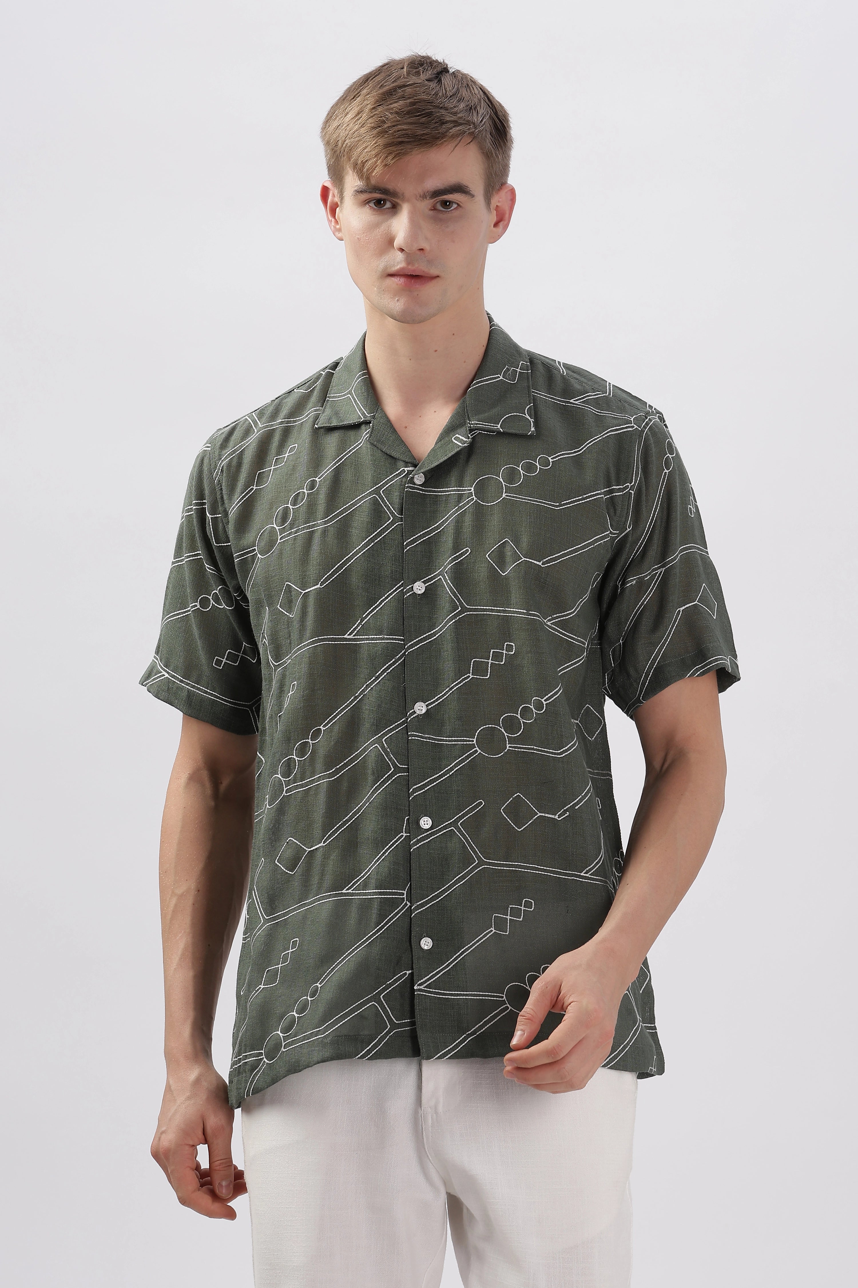 Dark green abstract linen embroidered half sleeve shirt