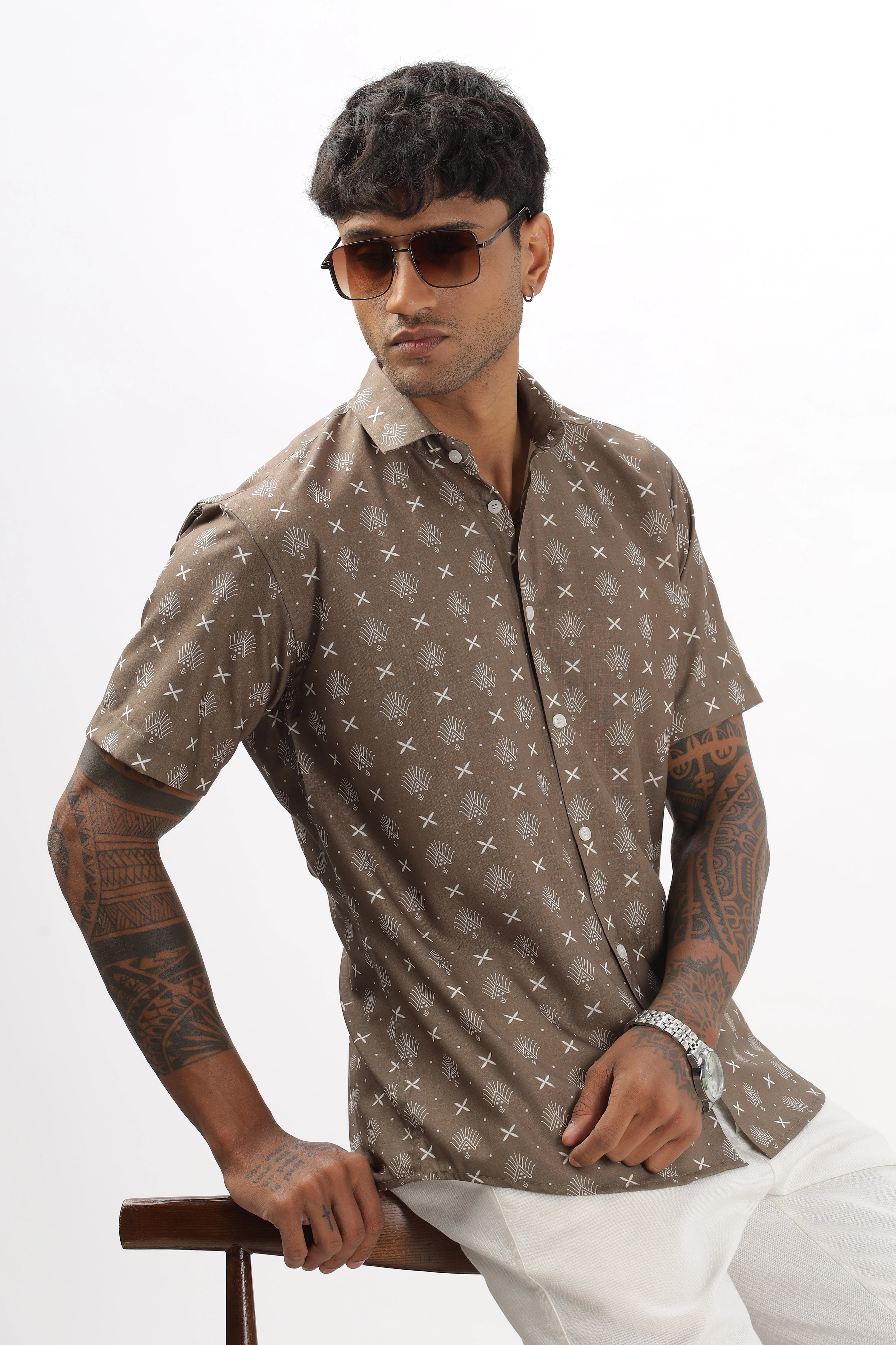 Dusty brown monogram pattern printed shirt