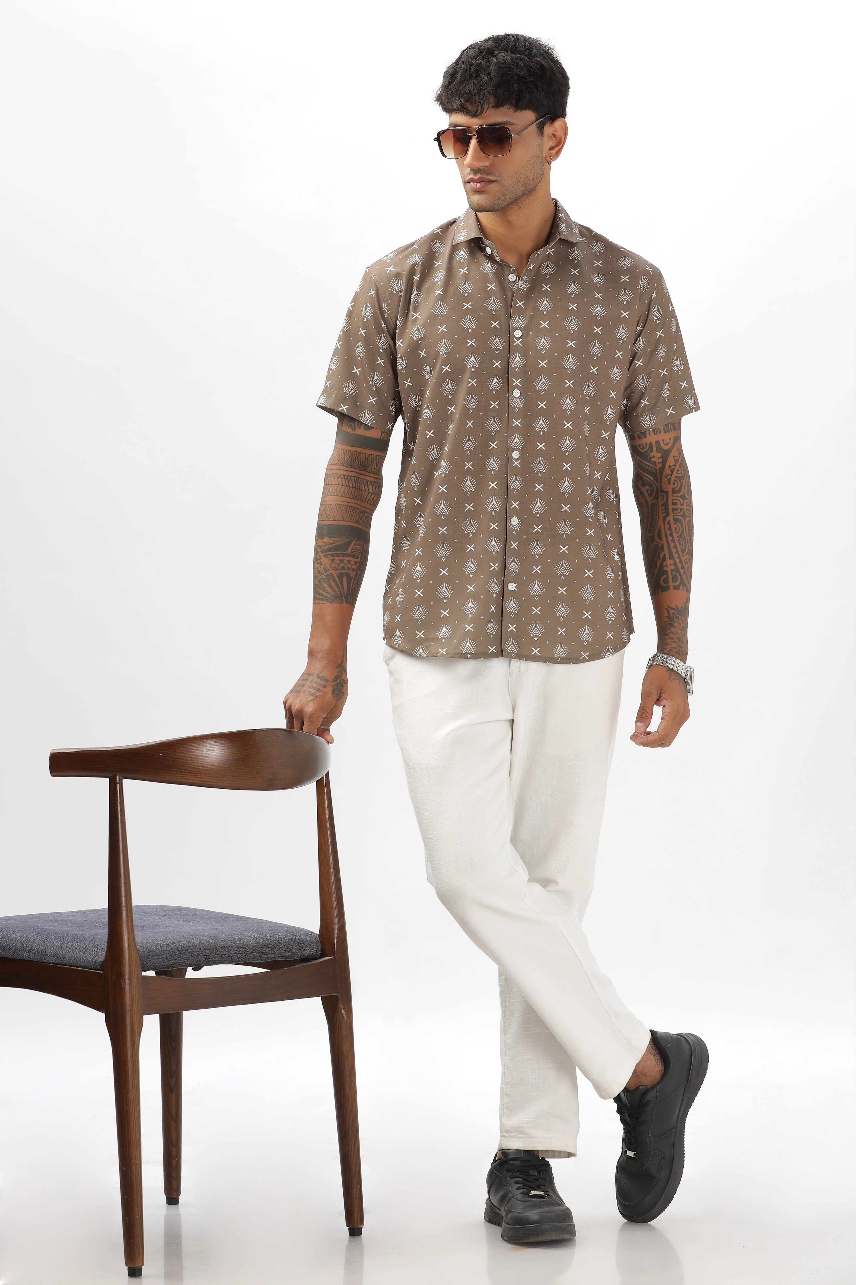 Dusty brown monogram pattern printed shirt