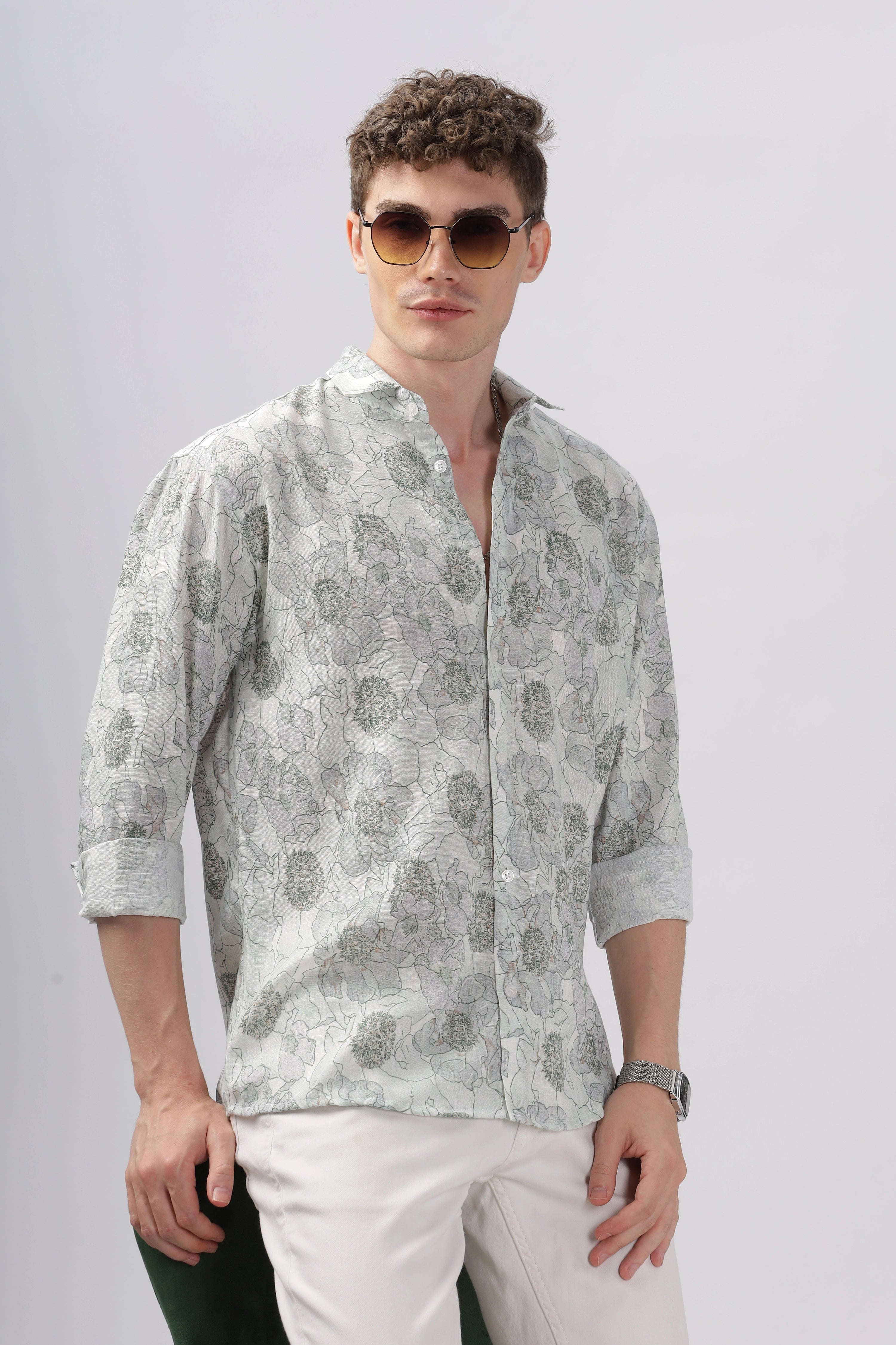 Green flower printed full sleeve linen shirt