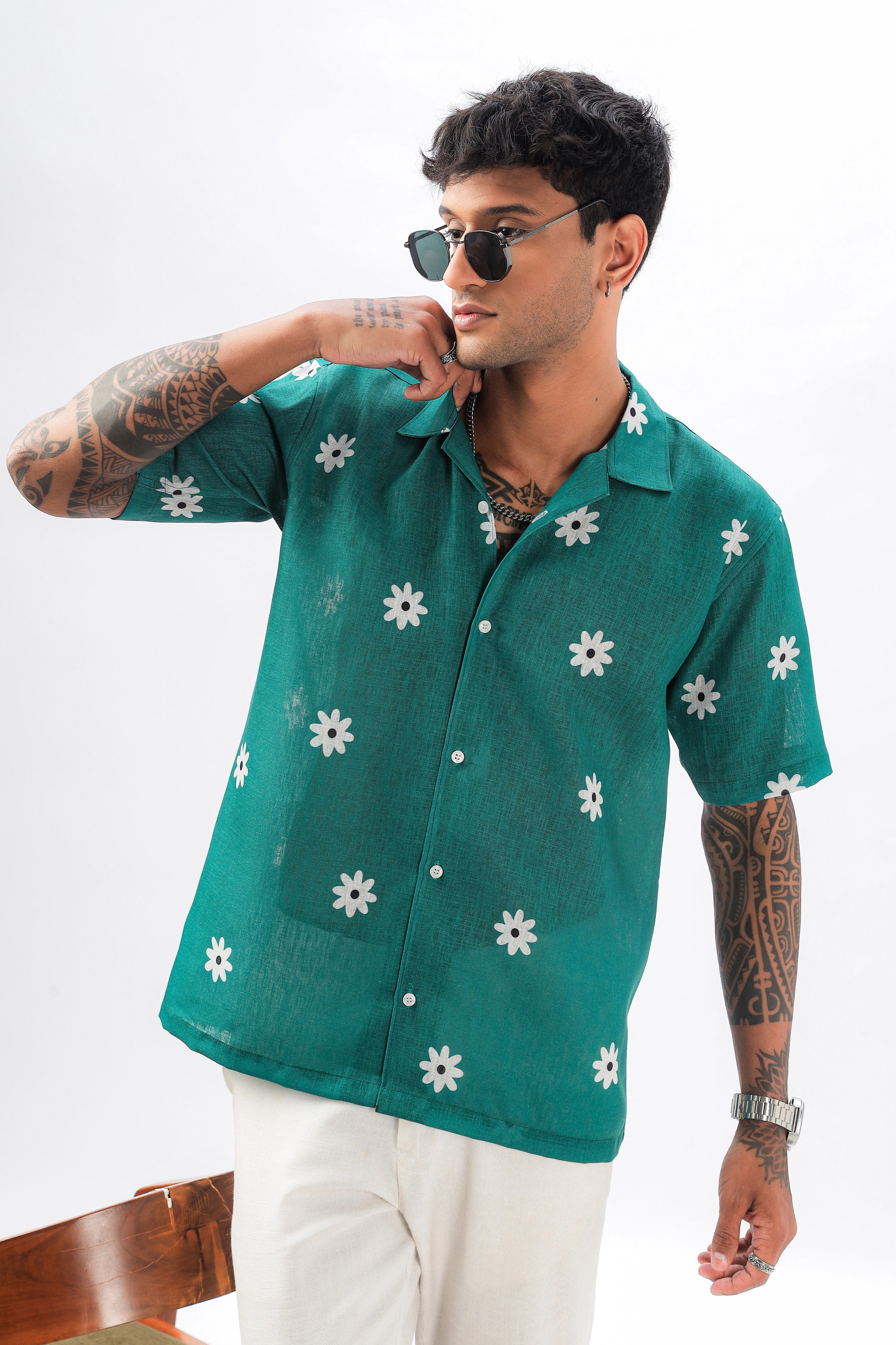 Green flower printed  linen shirt