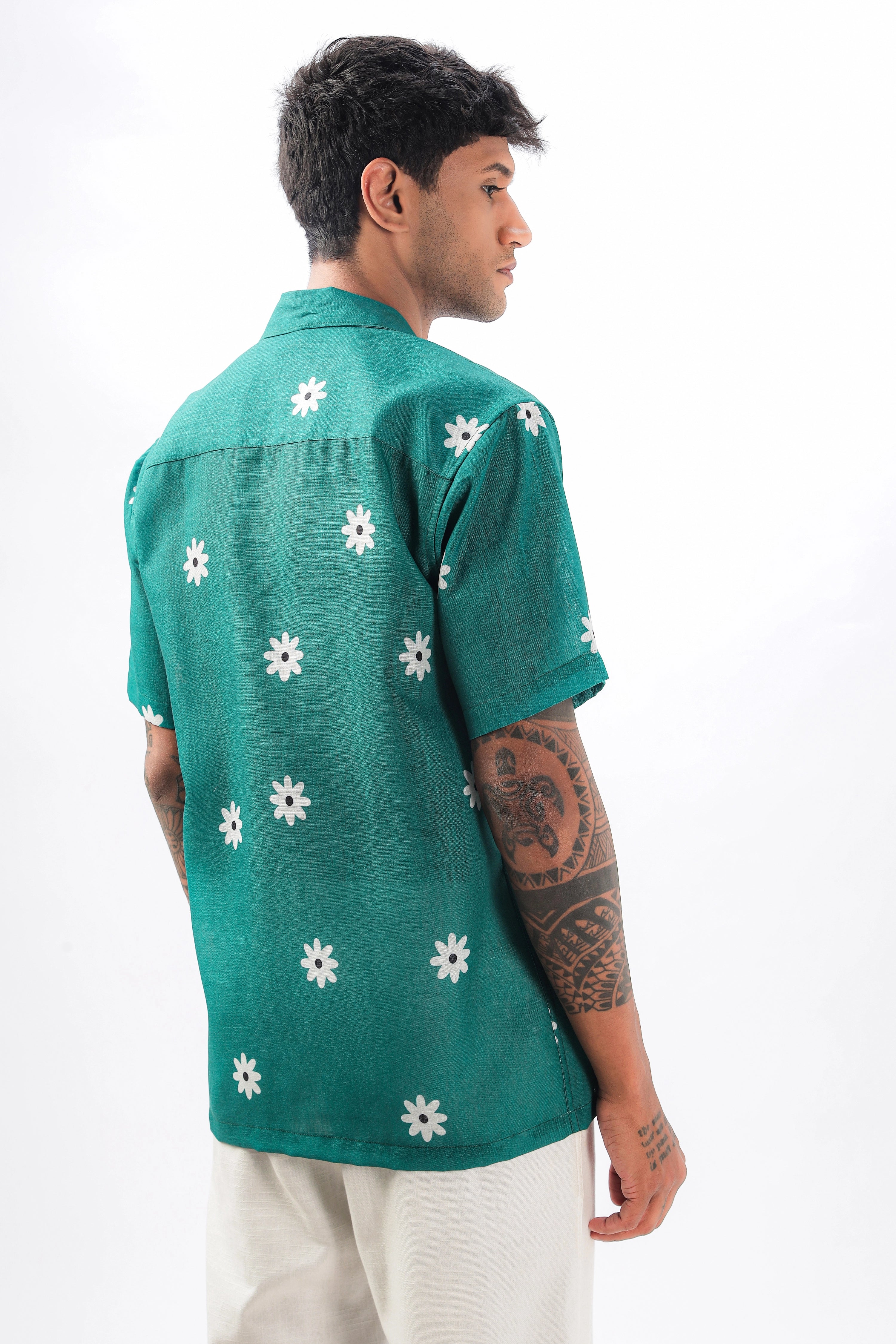 Green flower printed  linen shirt