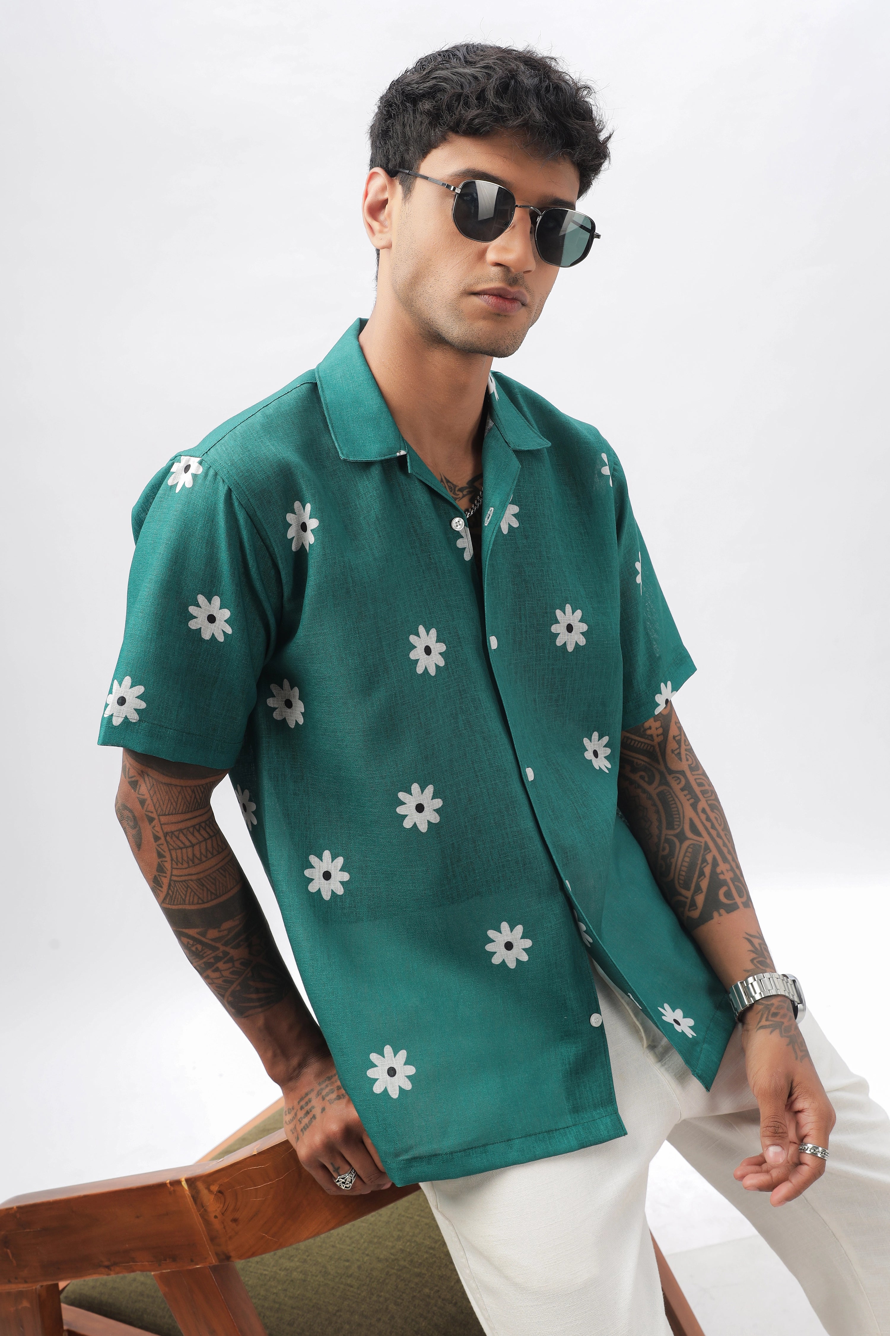 Green flower printed  linen shirt