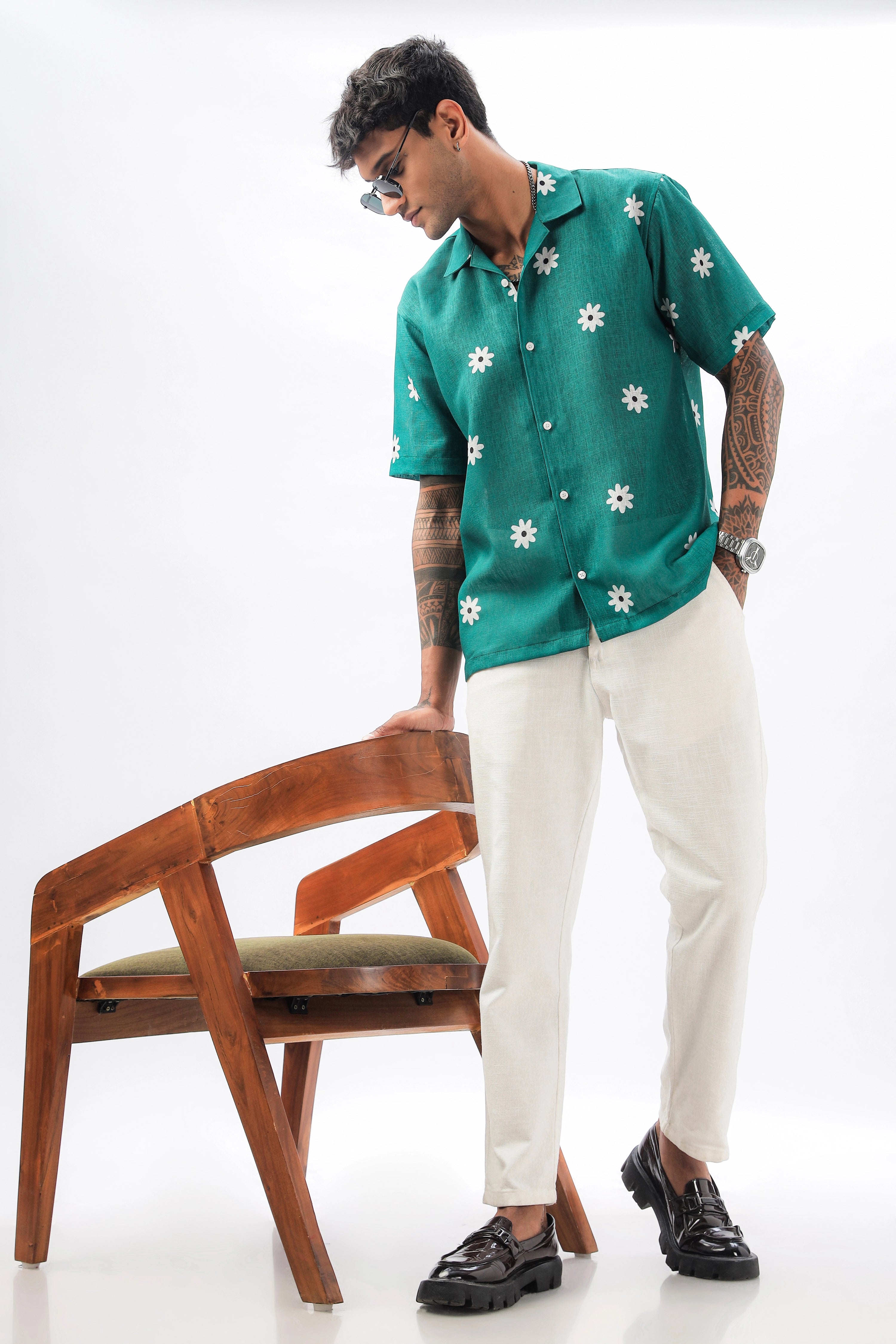 Green flower printed  linen shirt