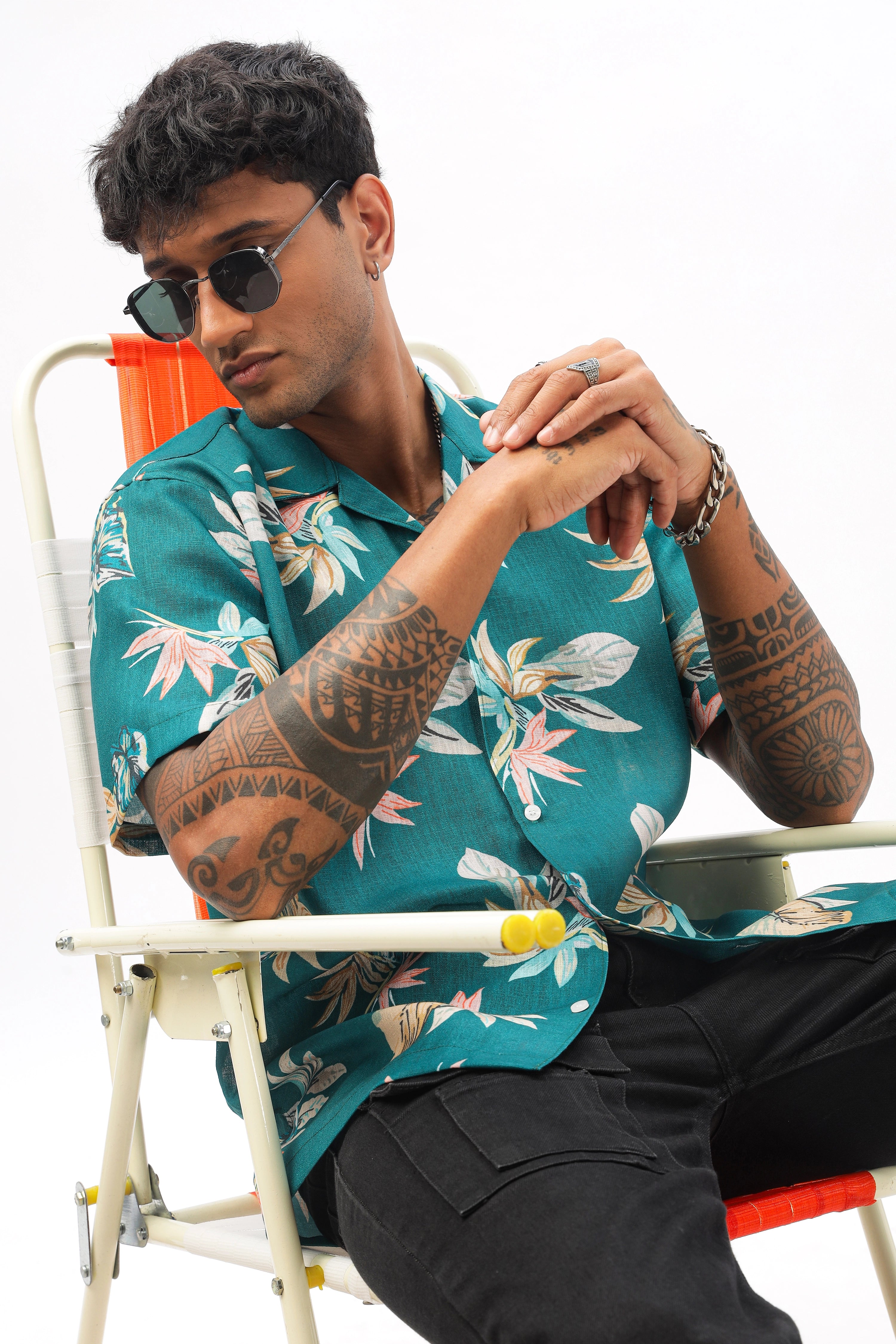 Green tropical printed linen shirt