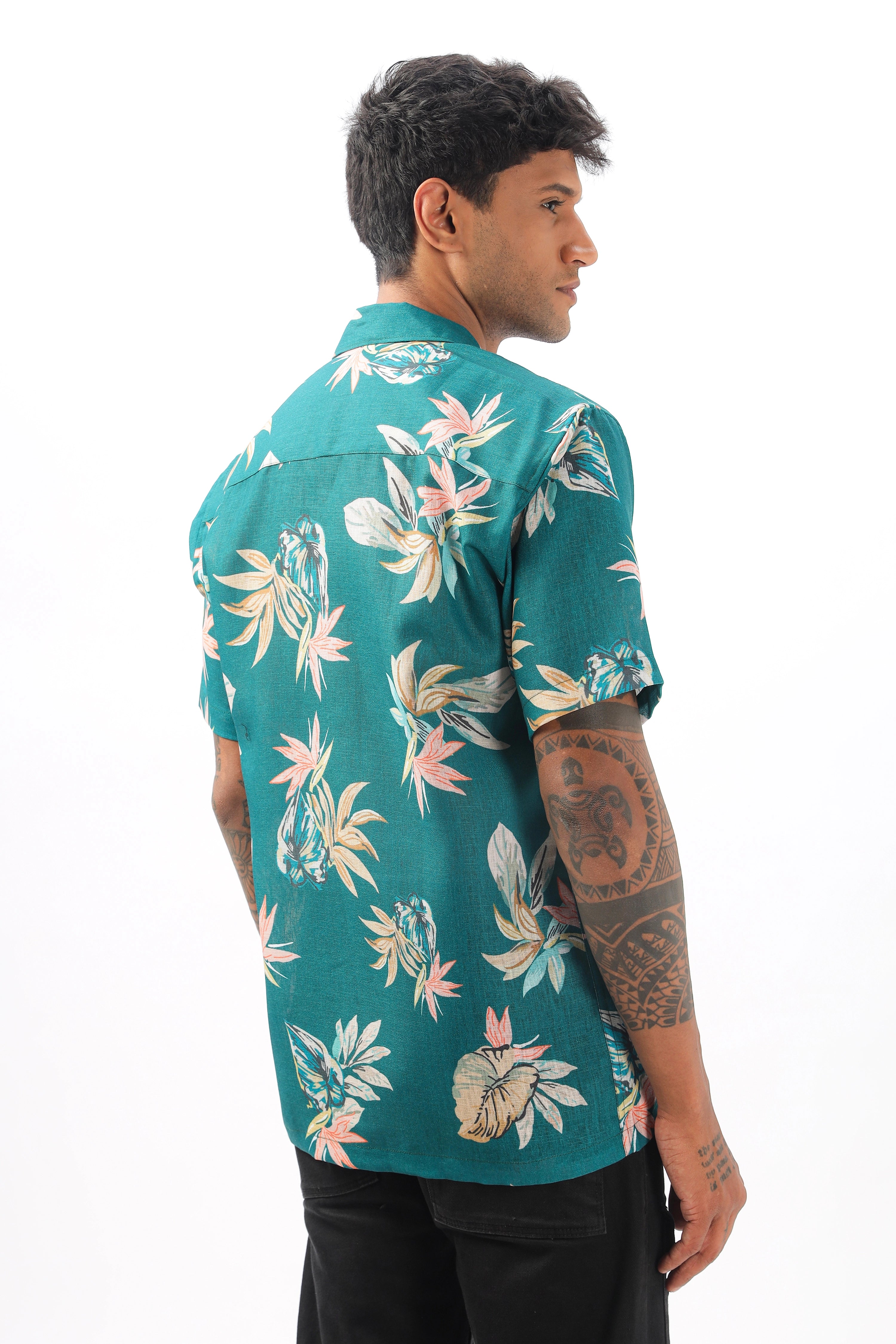 Green tropical printed linen shirt