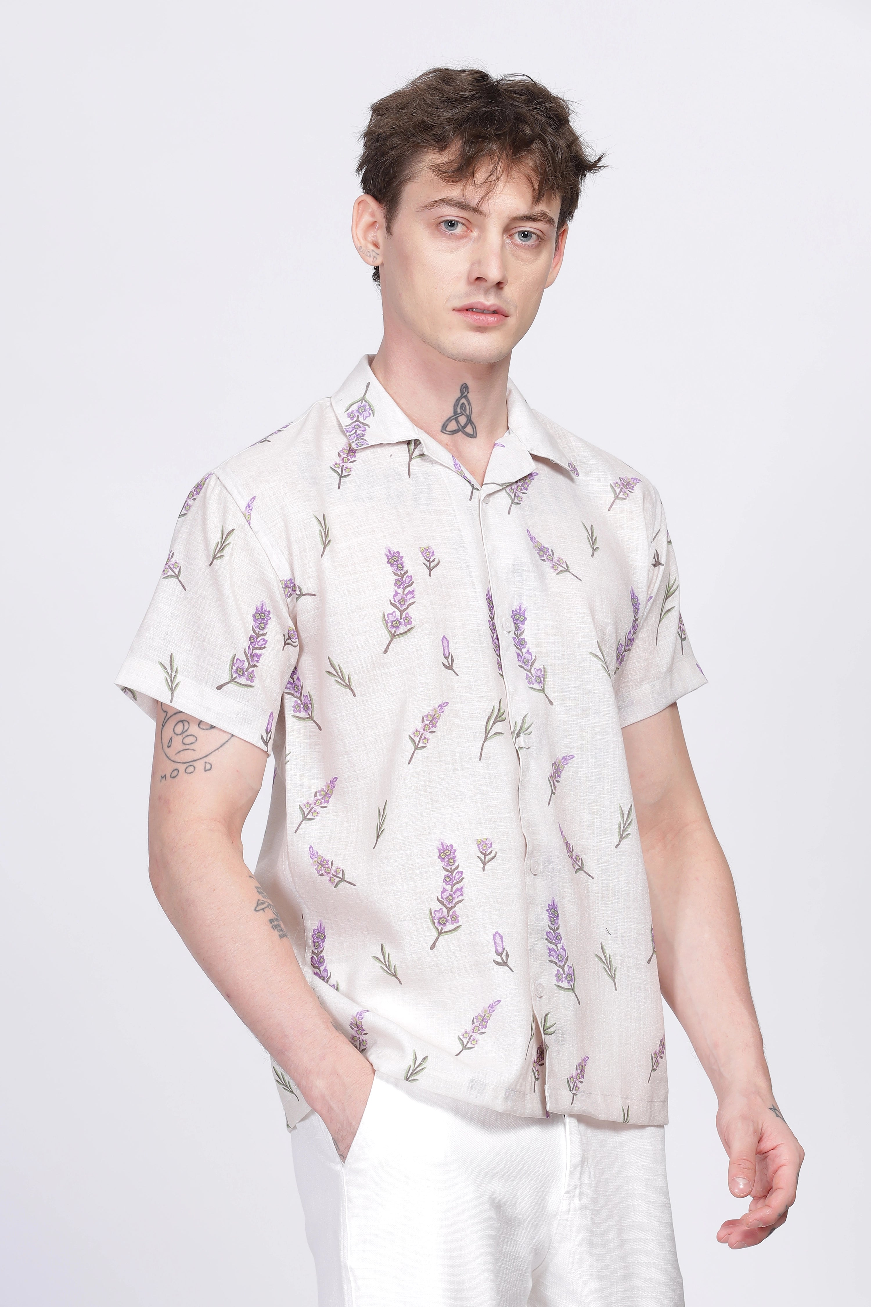 Lavender fields printed linen shirt for men