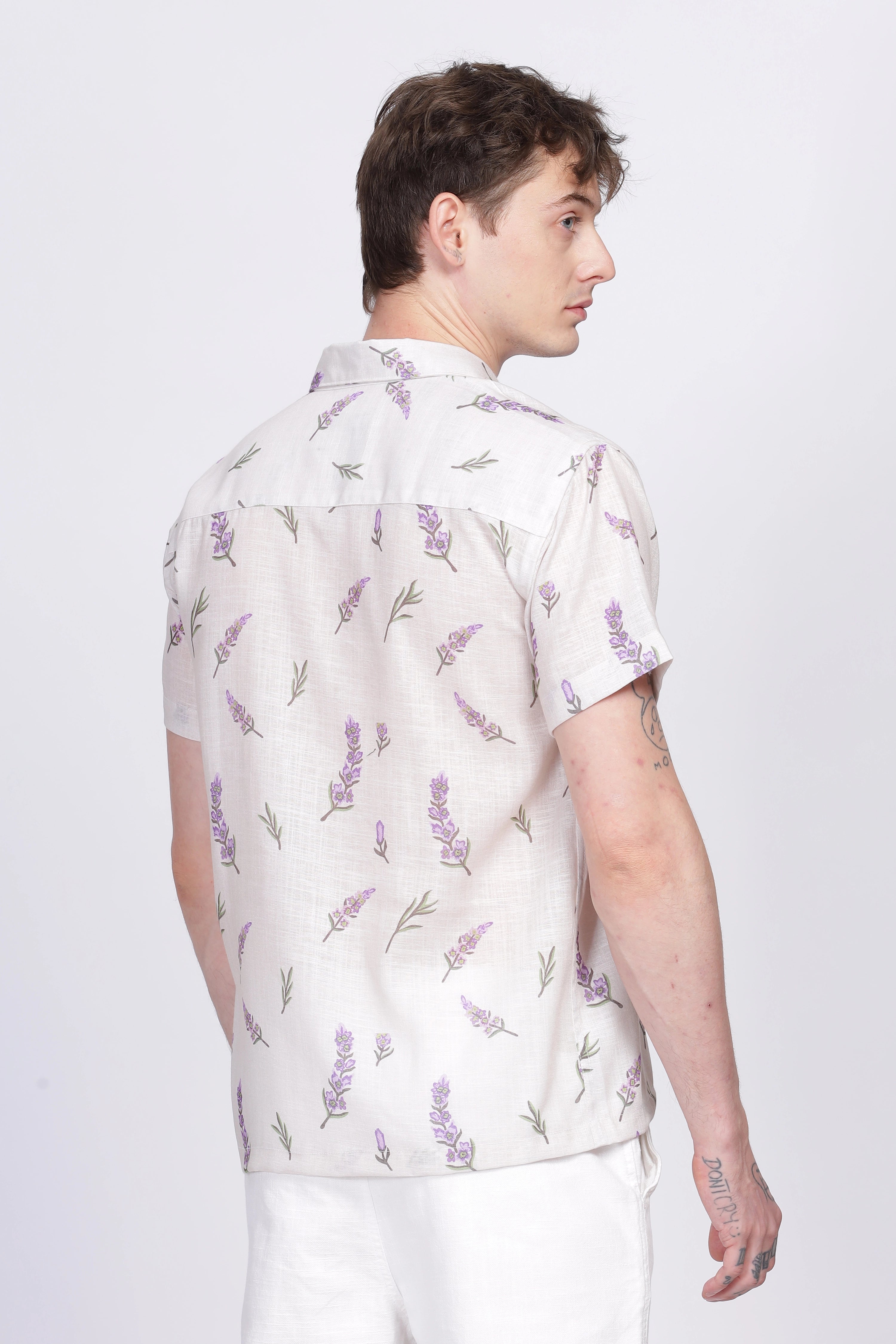 Lavender fields printed linen shirt for men