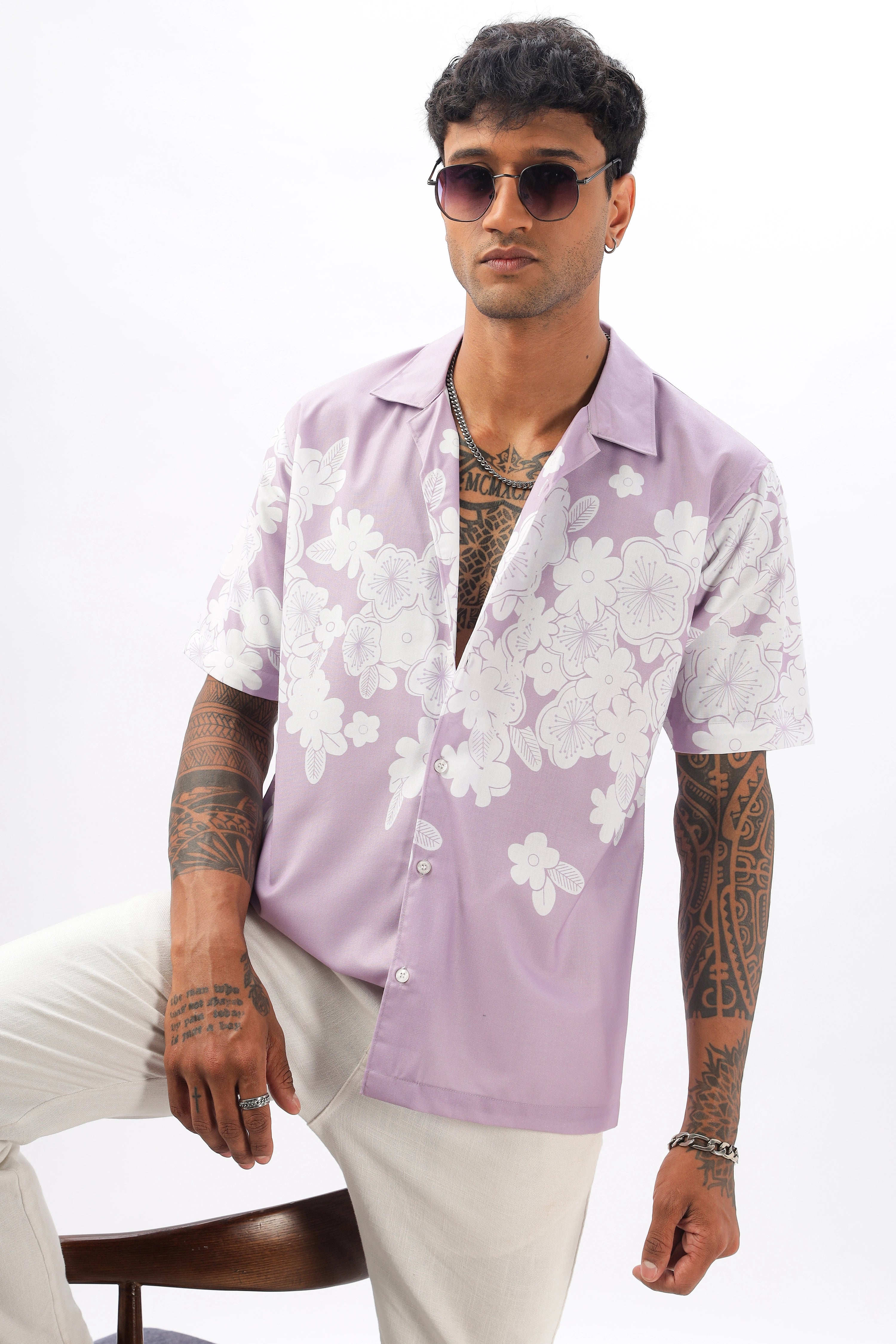 Lavender flower printed camp collar  shirt