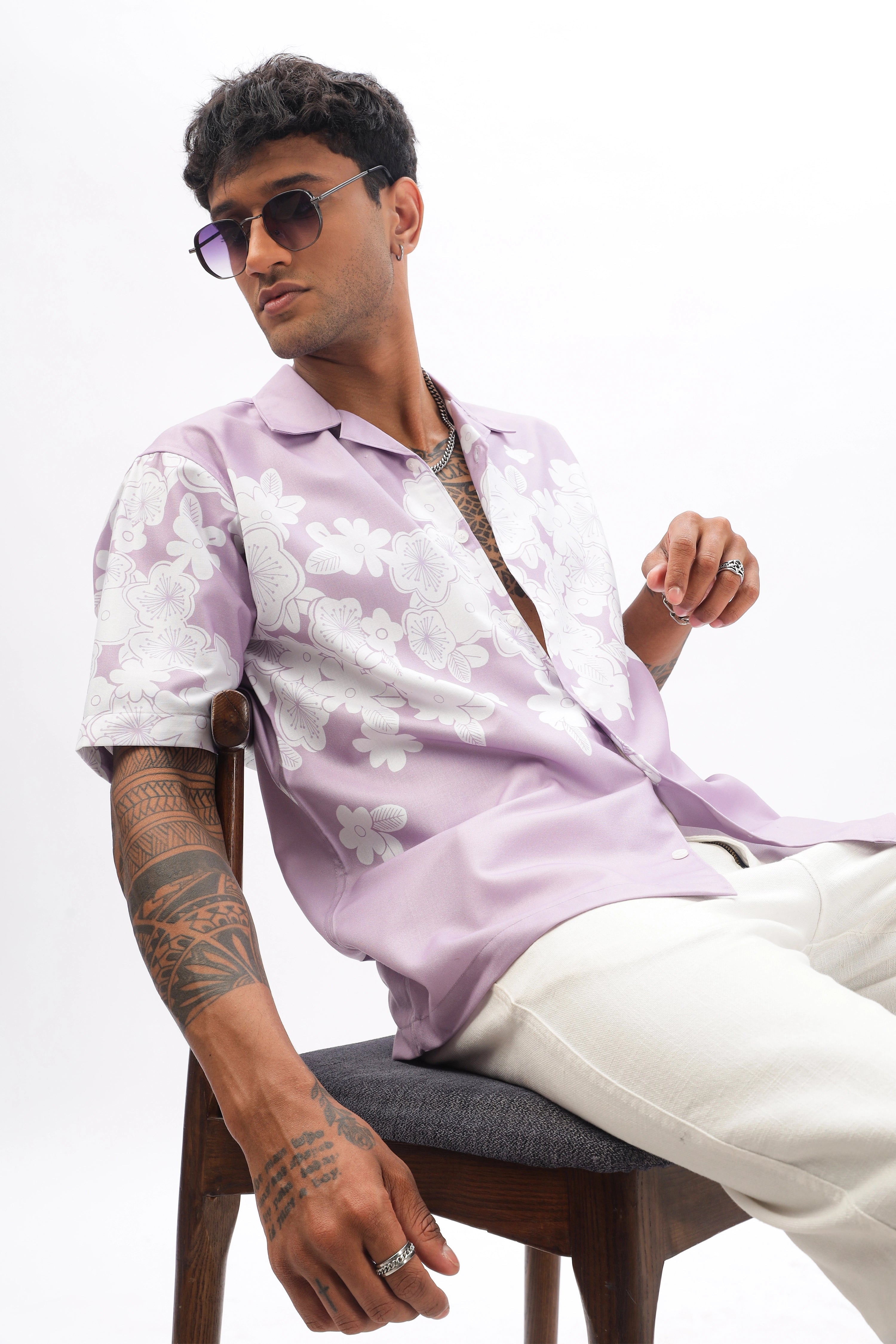 Lavender flower printed camp collar  shirt