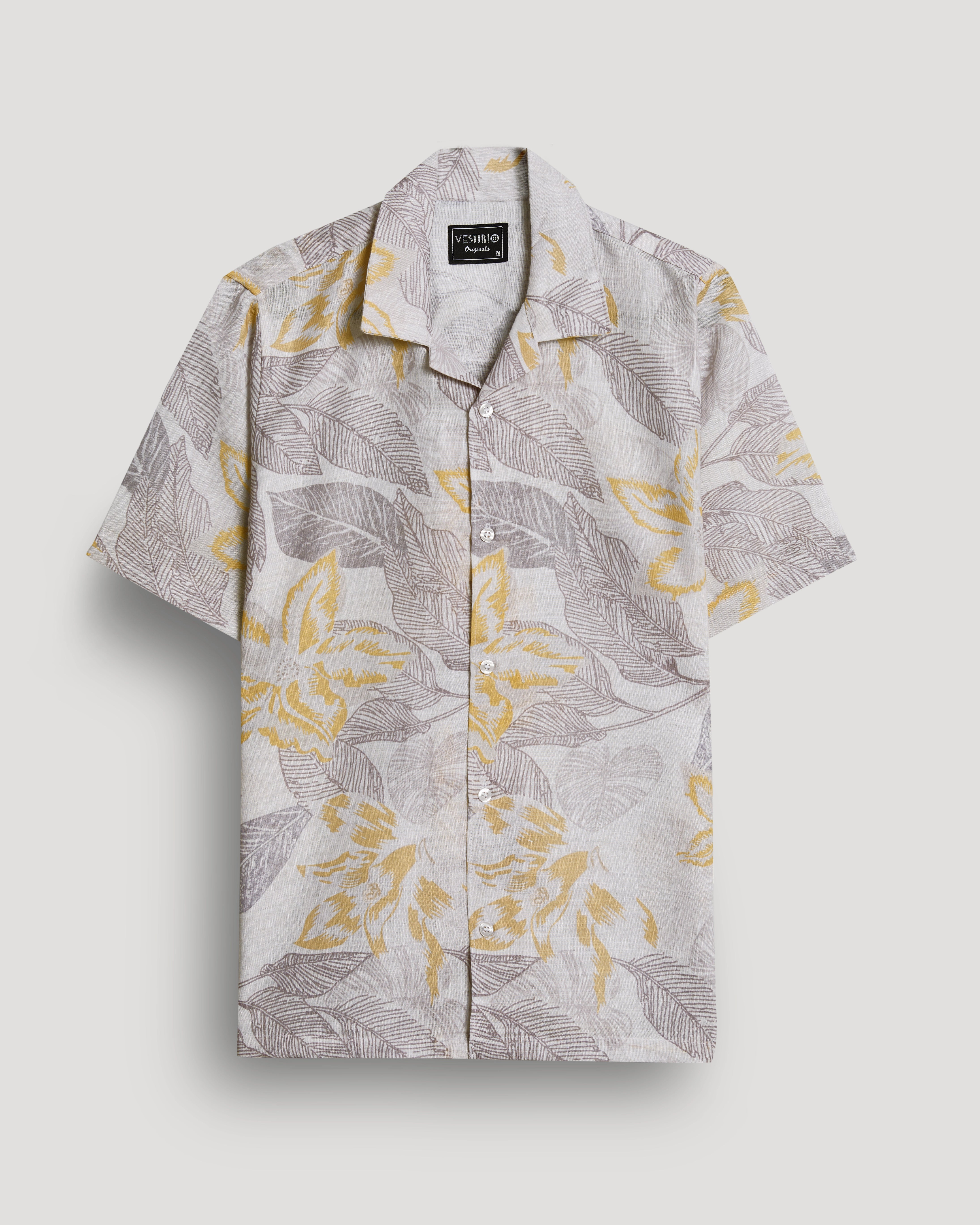 Leaf printed linen shirt for men