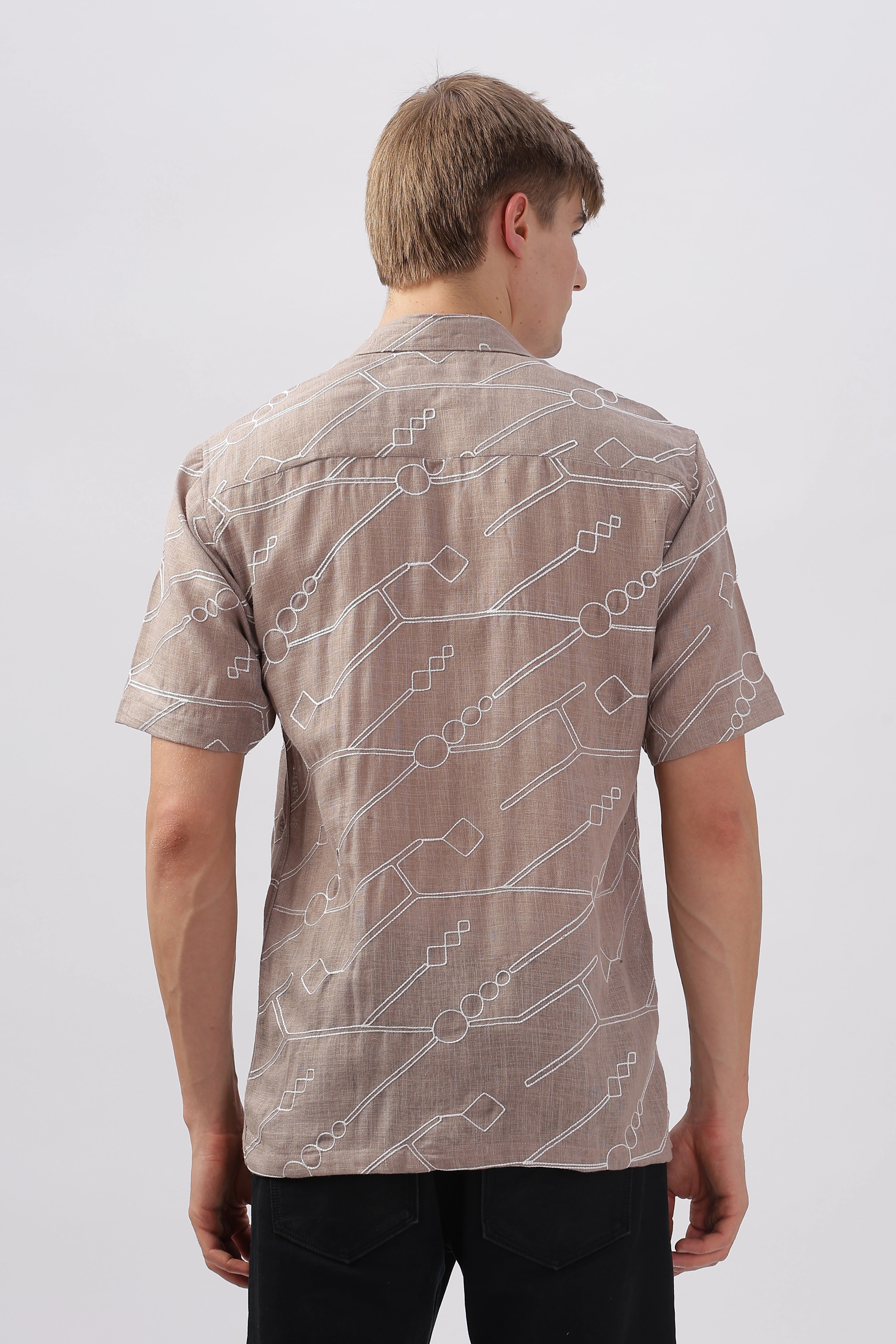 Light brown abstract linen embroidered half sleeve shirt