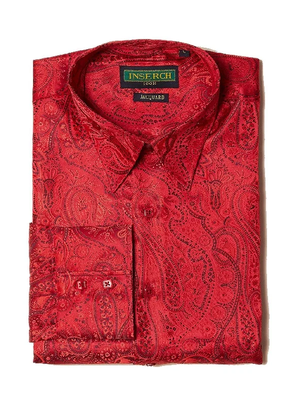 Long Sleeve Light Red Paisley Jacquard Shirt