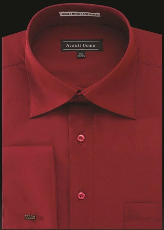 Men's French Cuff Dress Shirt Spread Collar- CRIMSON