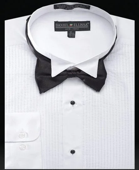 Wing Collar Pleated Front Tuxedo Formal Shirt, White