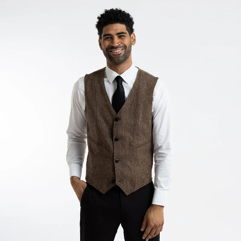 Men's Single Breasted Brown Herringbone Vest