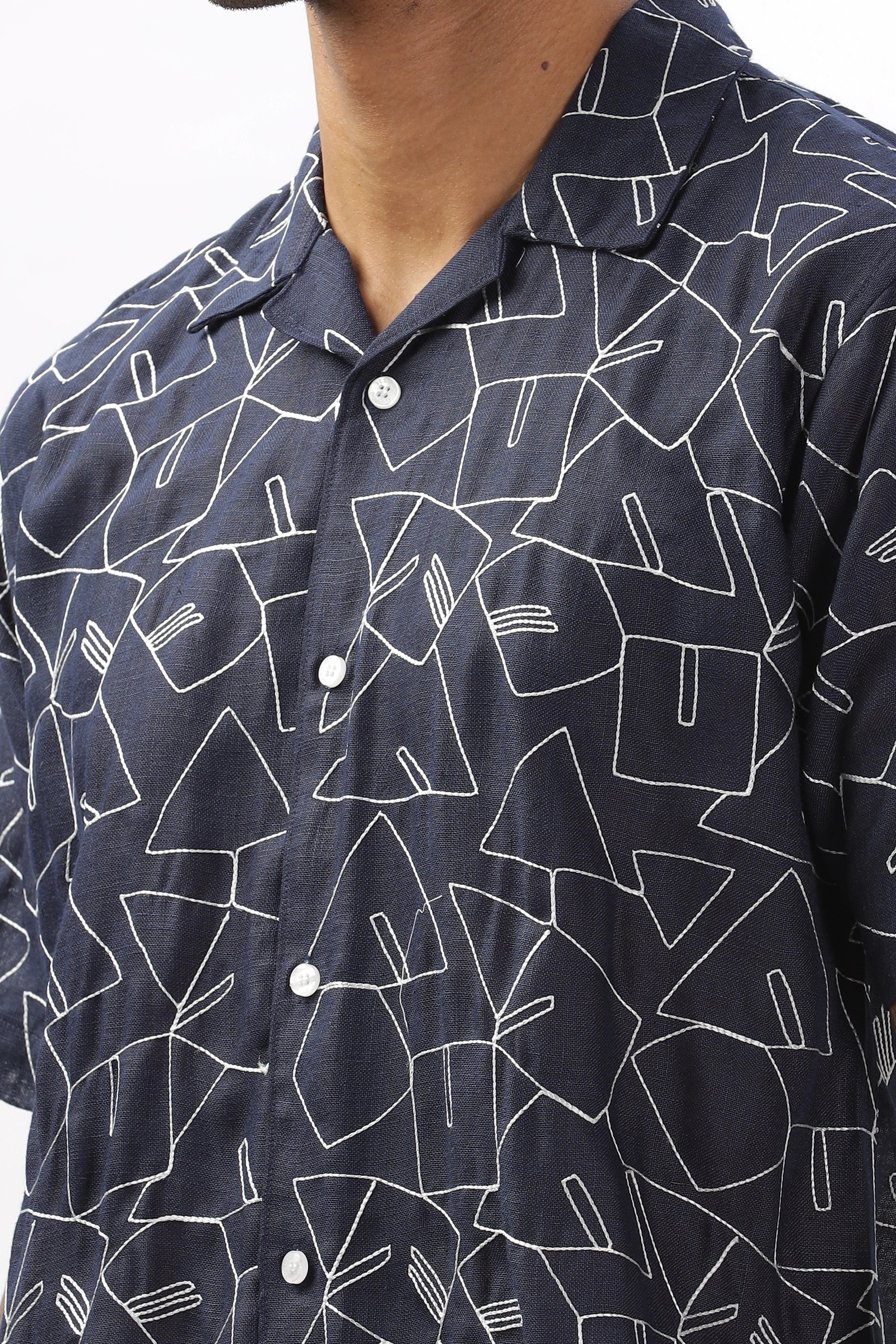 Navy abstract linen embroidered half sleeve shirt