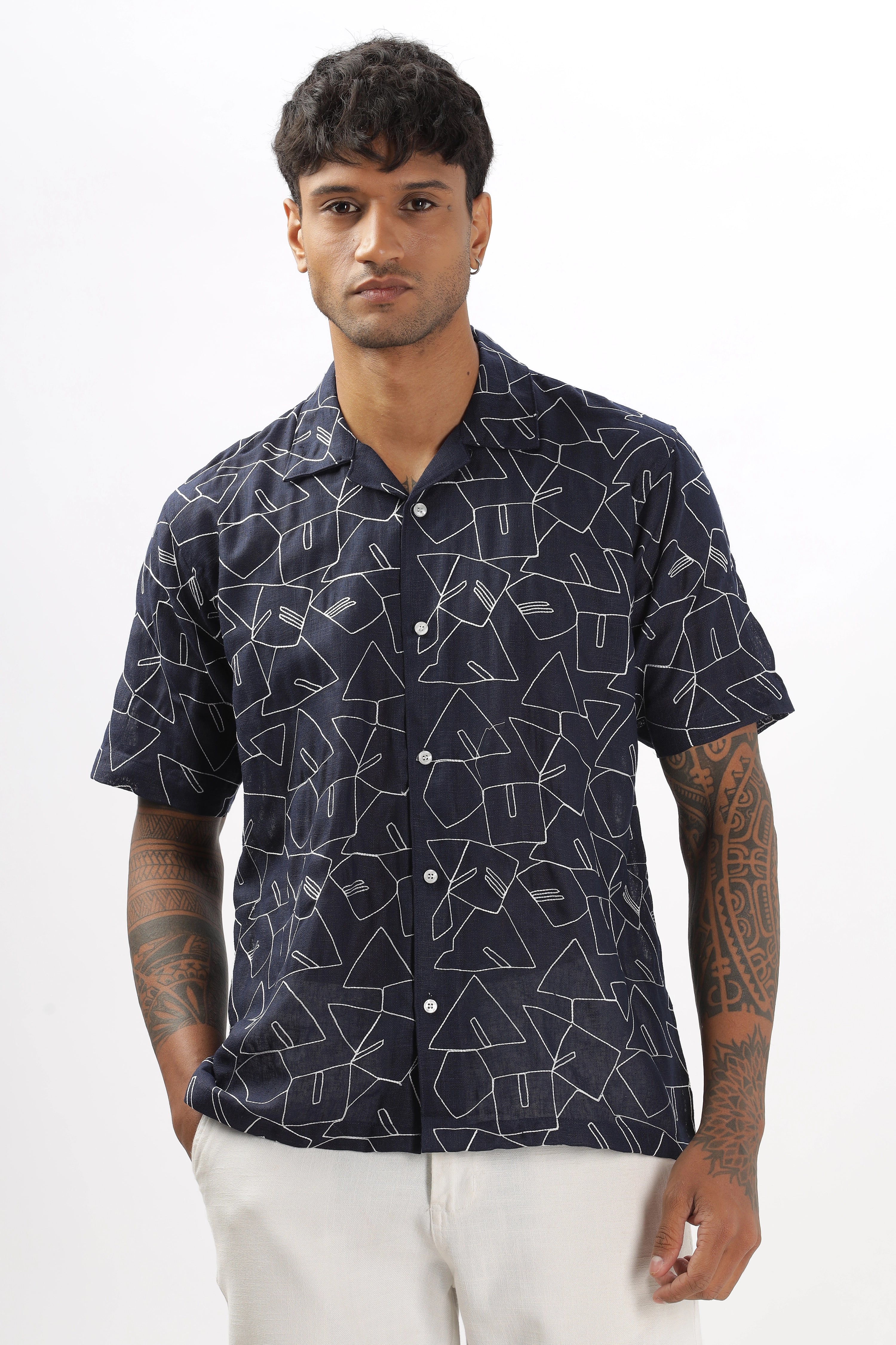 Navy abstract linen embroidered half sleeve shirt