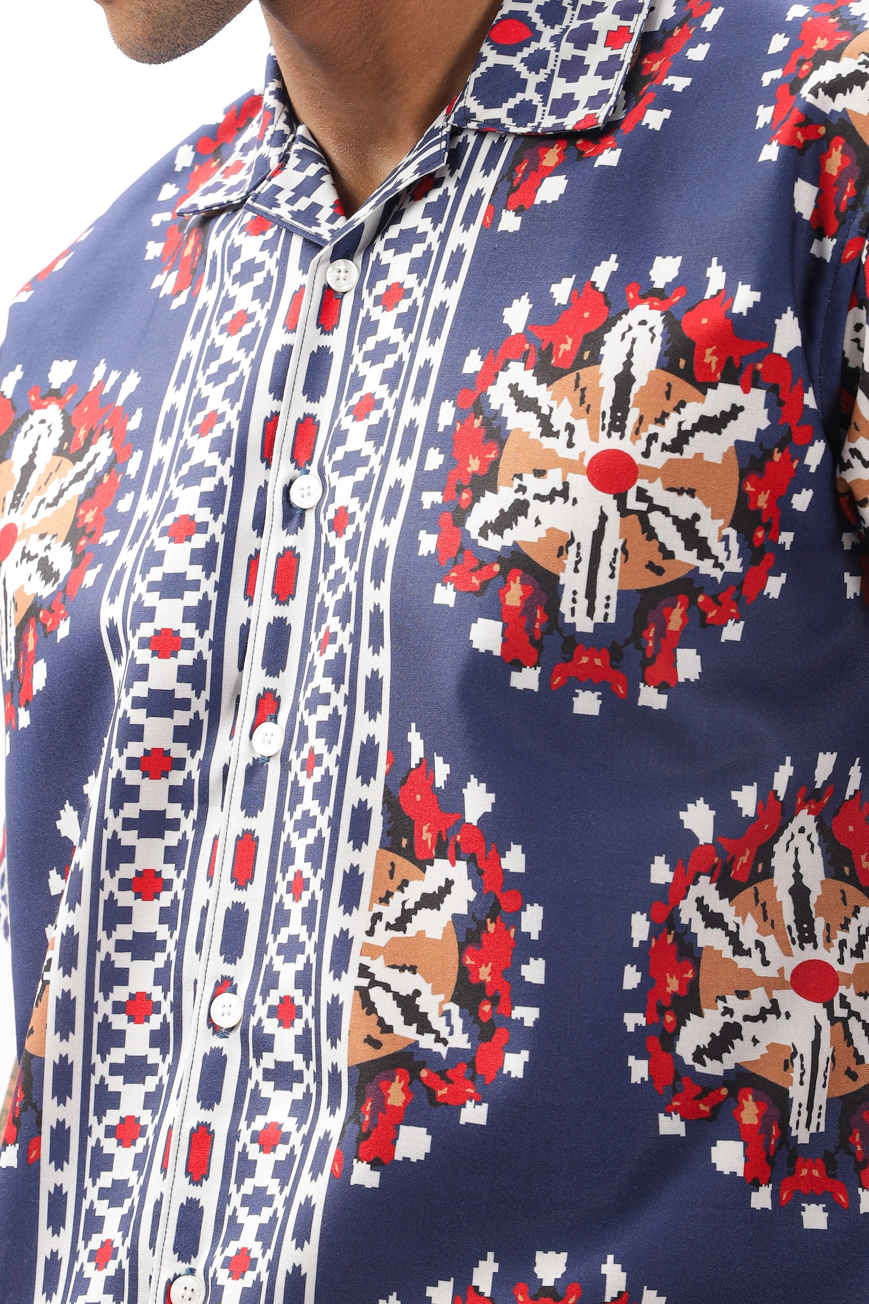 Navy border printed camp collar shirt for men