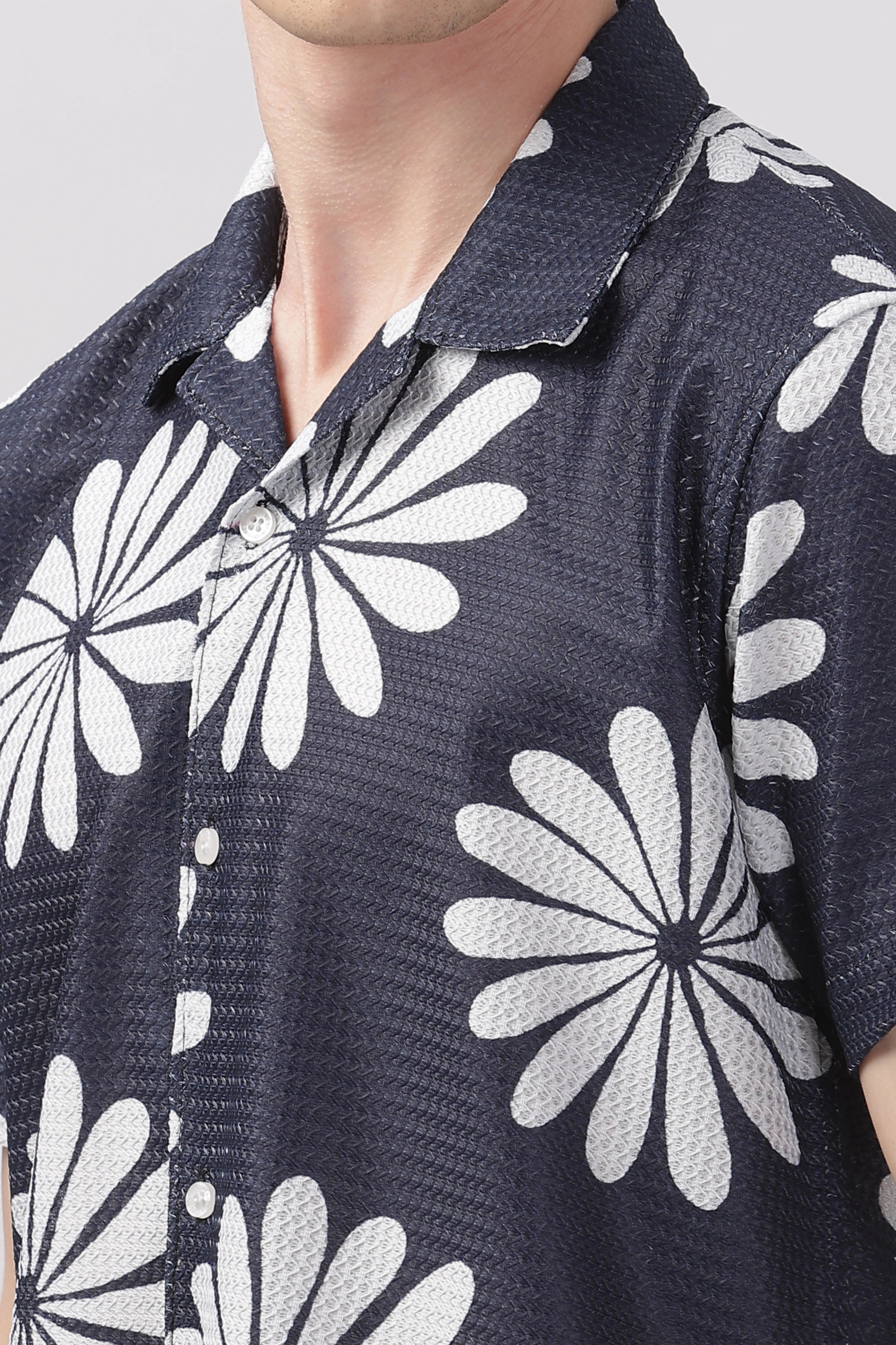 Navy floral printed textured shirt