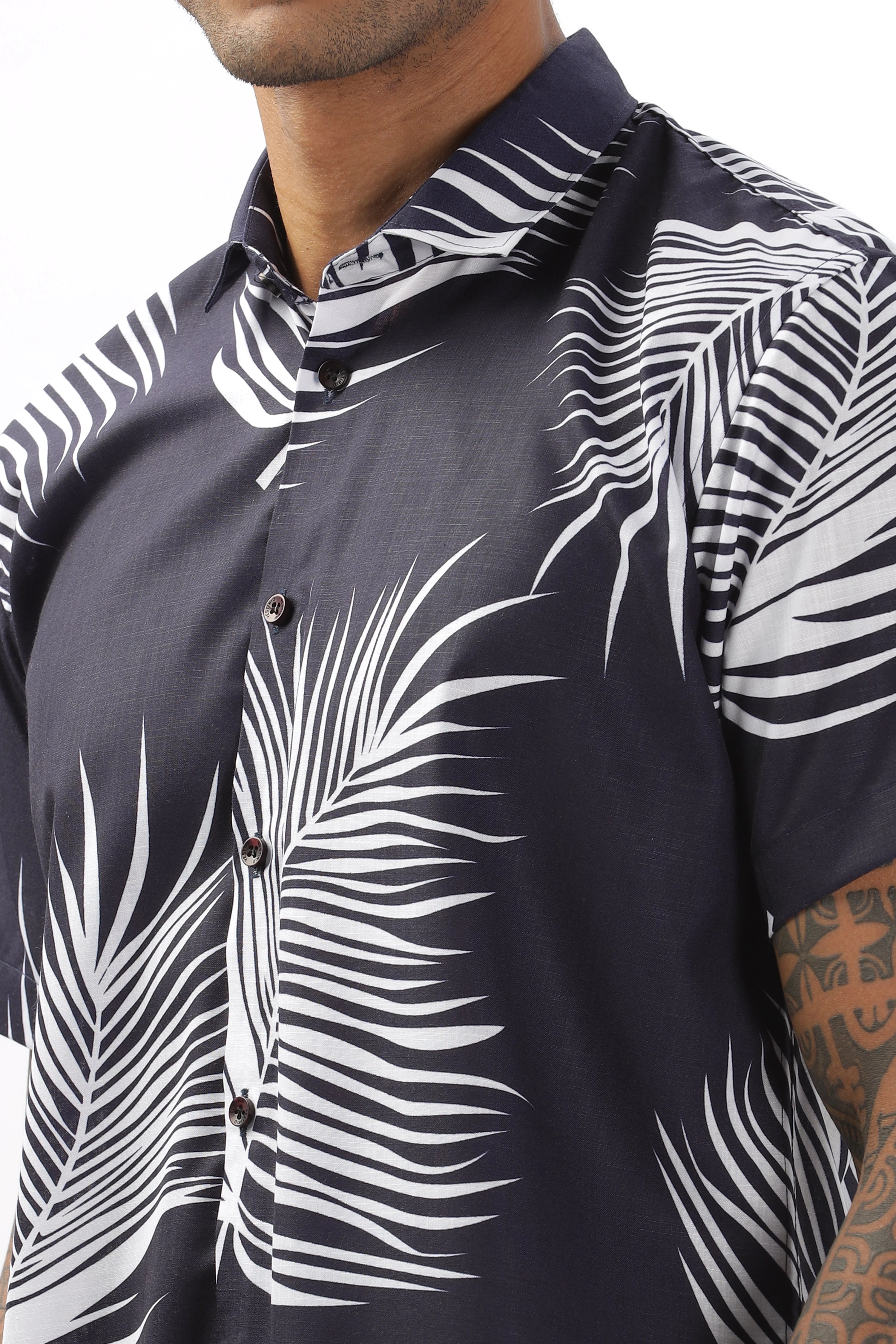 Navy palm leaves printed shirt