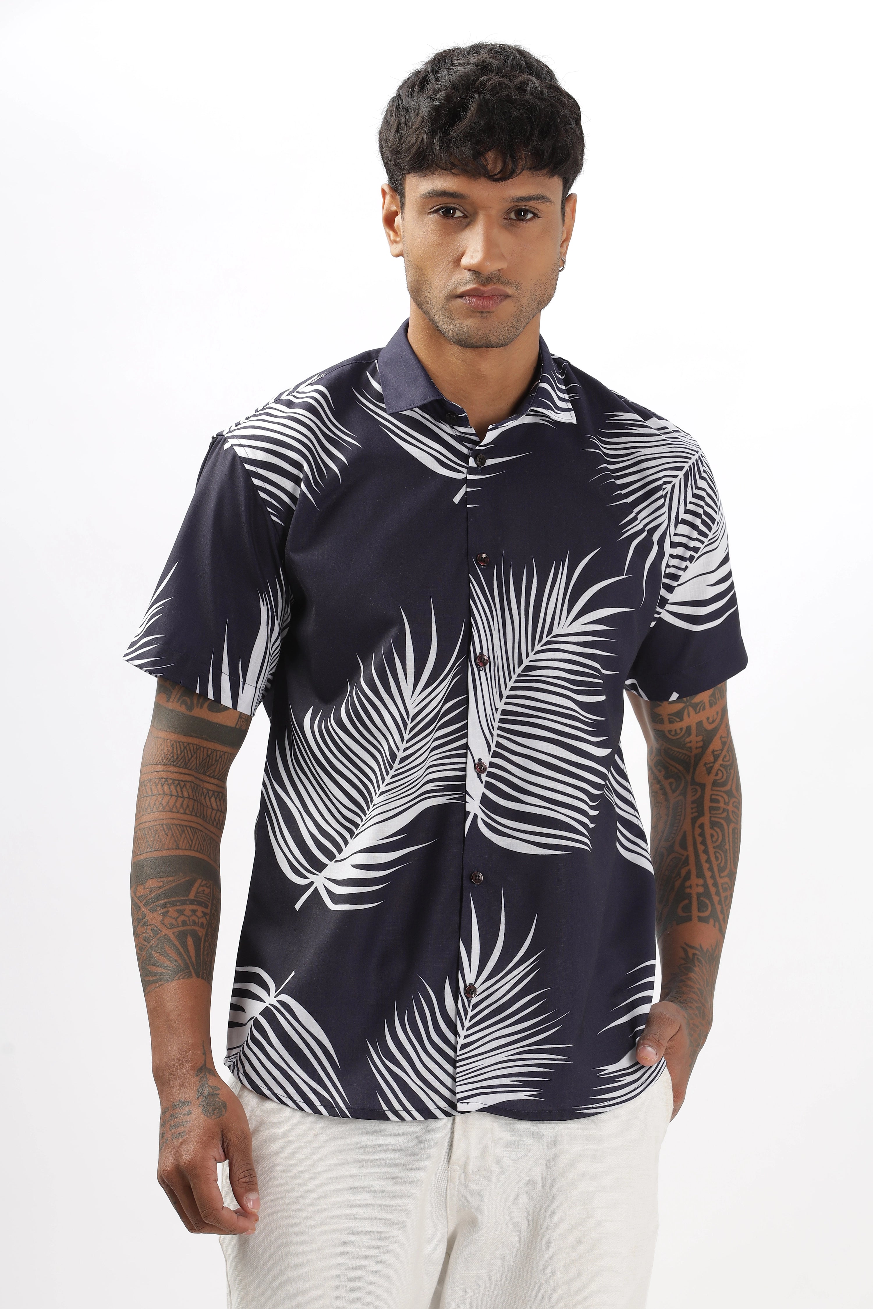 Navy palm leaves printed shirt