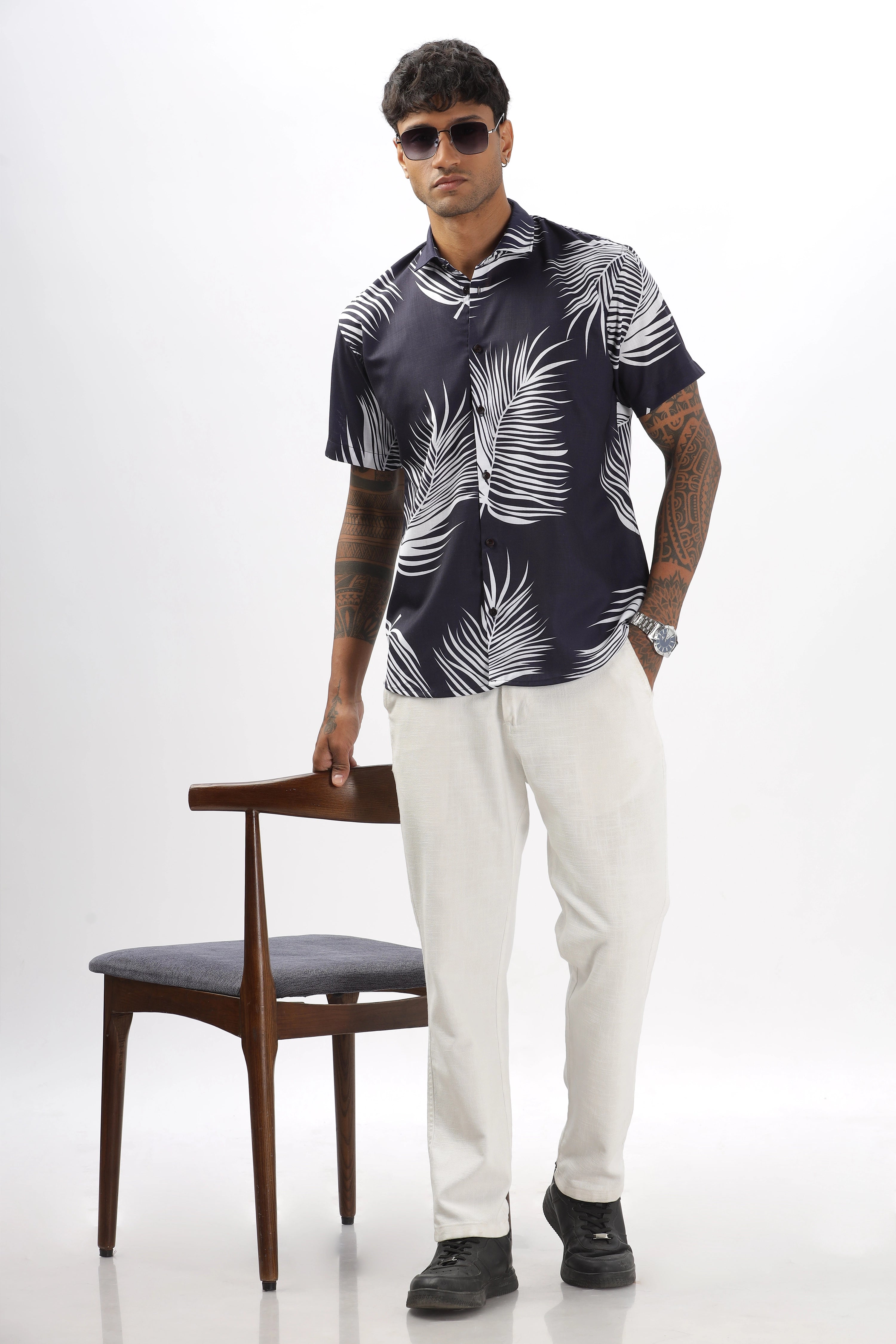 Navy palm leaves printed shirt