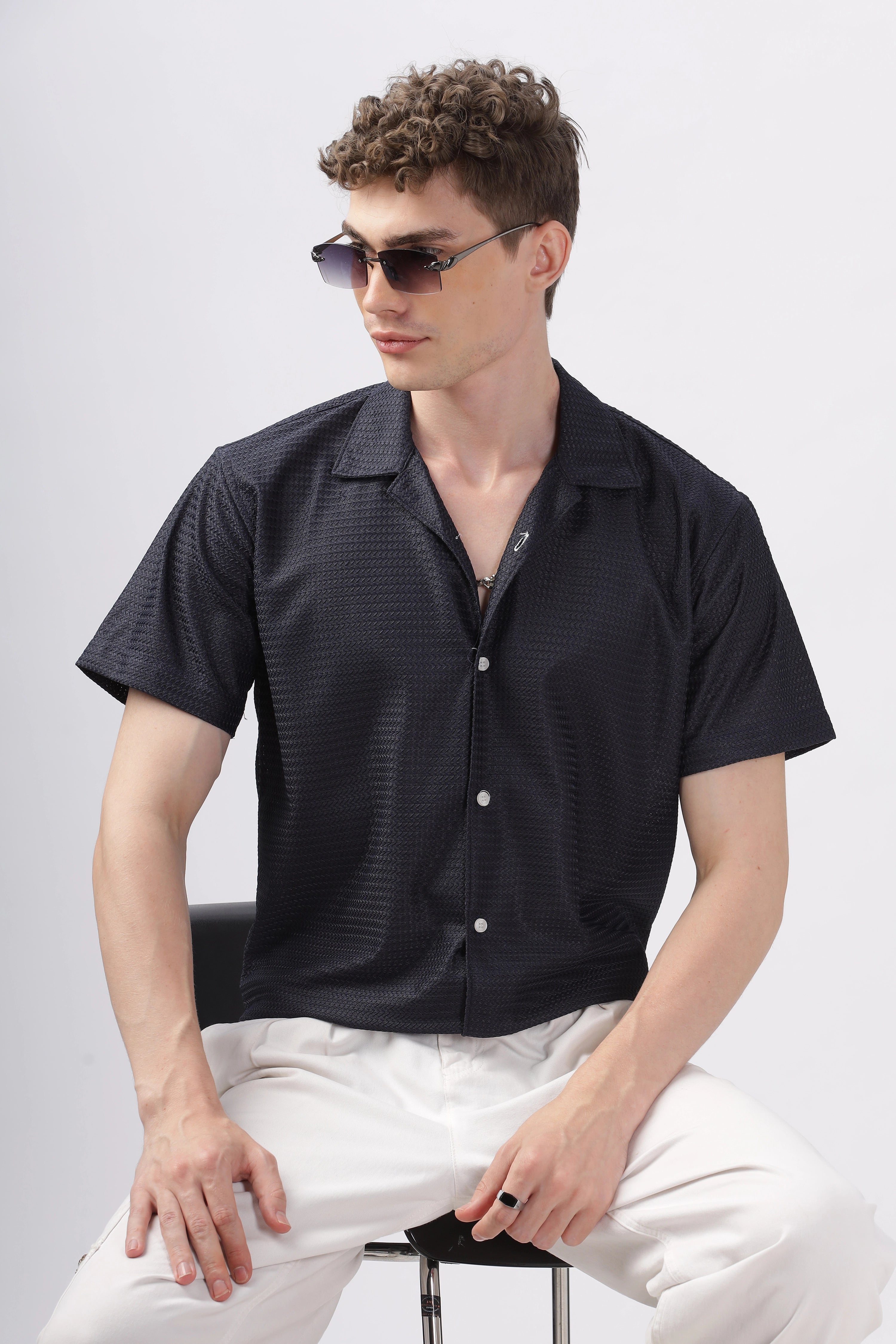 Navy textured turkish weave half sleeve shirt