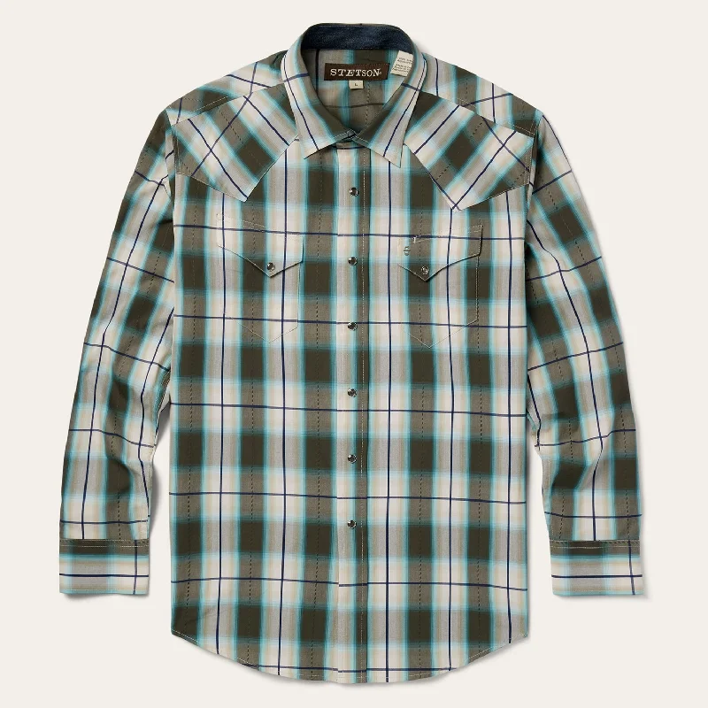 Olive Ombre Plaid Western Shirt